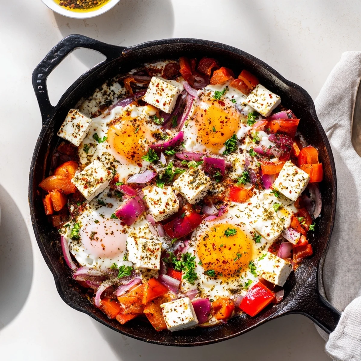 Golden baked feta eggs with runny yolks in a colorful Mediterranean vegetable skillet