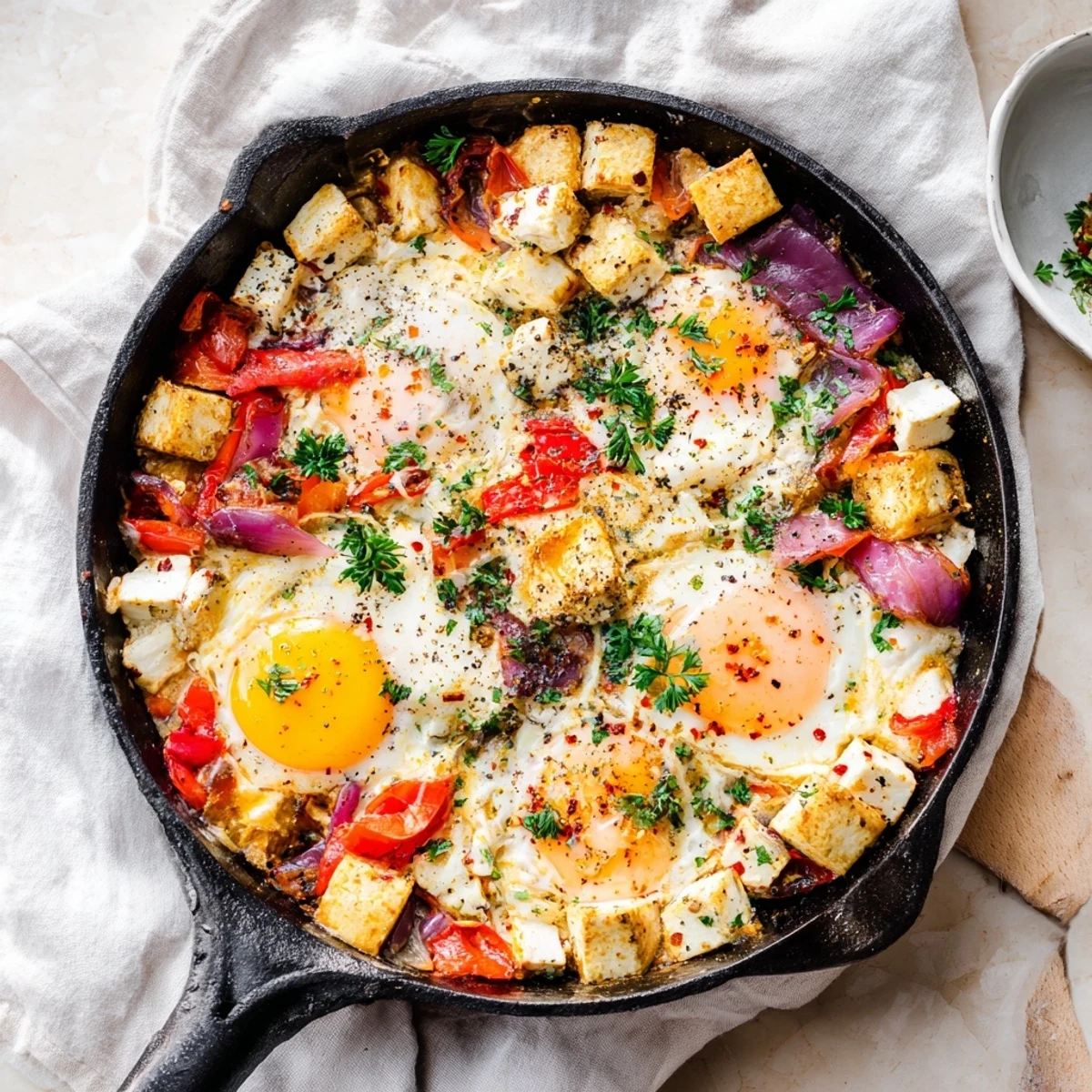 Creamy baked feta eggs nestled in tomatoes, peppers, and crumbled cheese