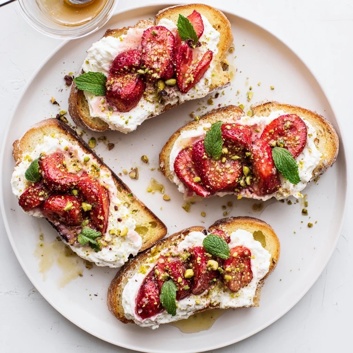 Creamy whipped ricotta on crispy toast topped with sweet roasted strawberries and fresh mint garnish