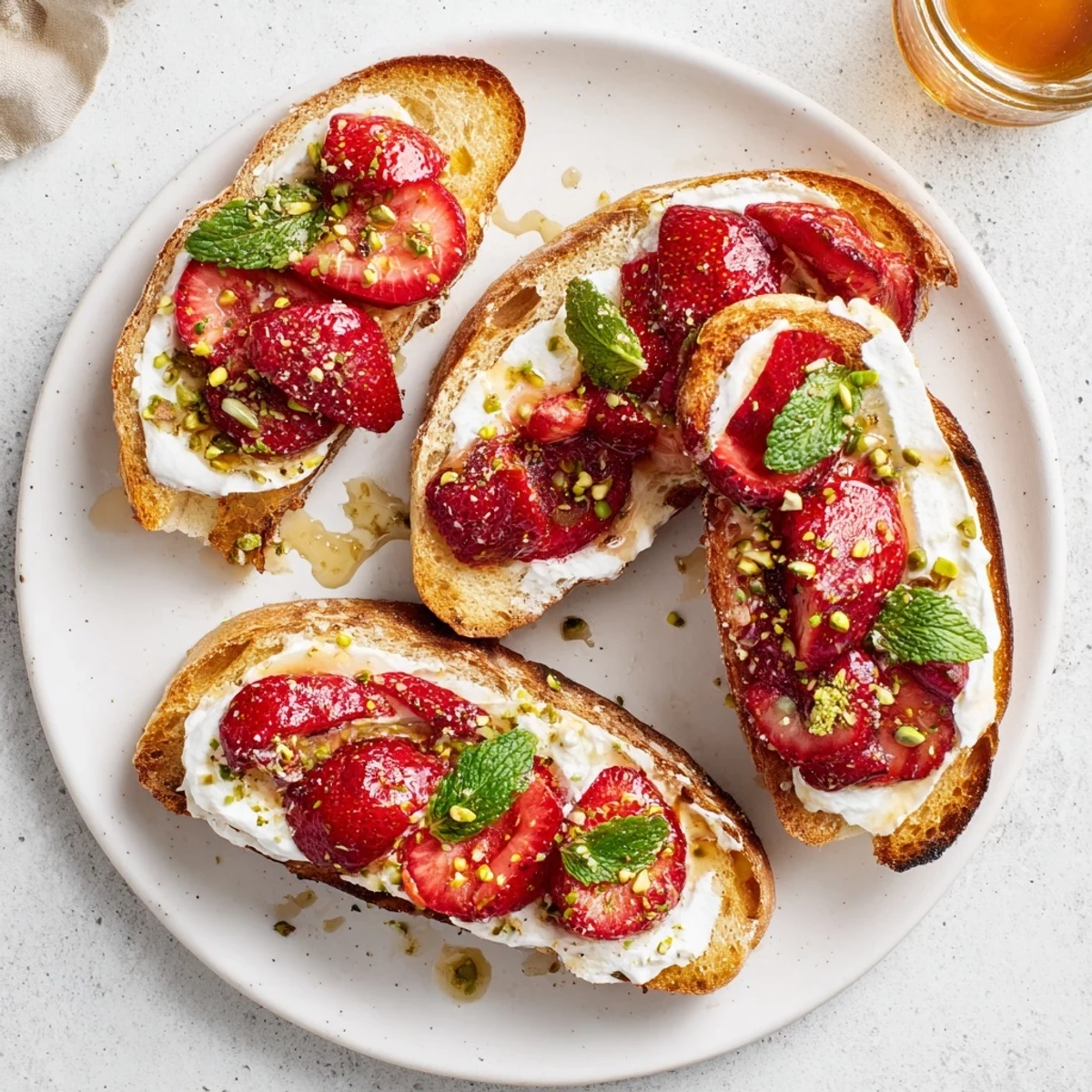 Golden sourdough slices layered with fluffy whipped ricotta and juicy oven-roasted strawberry topping