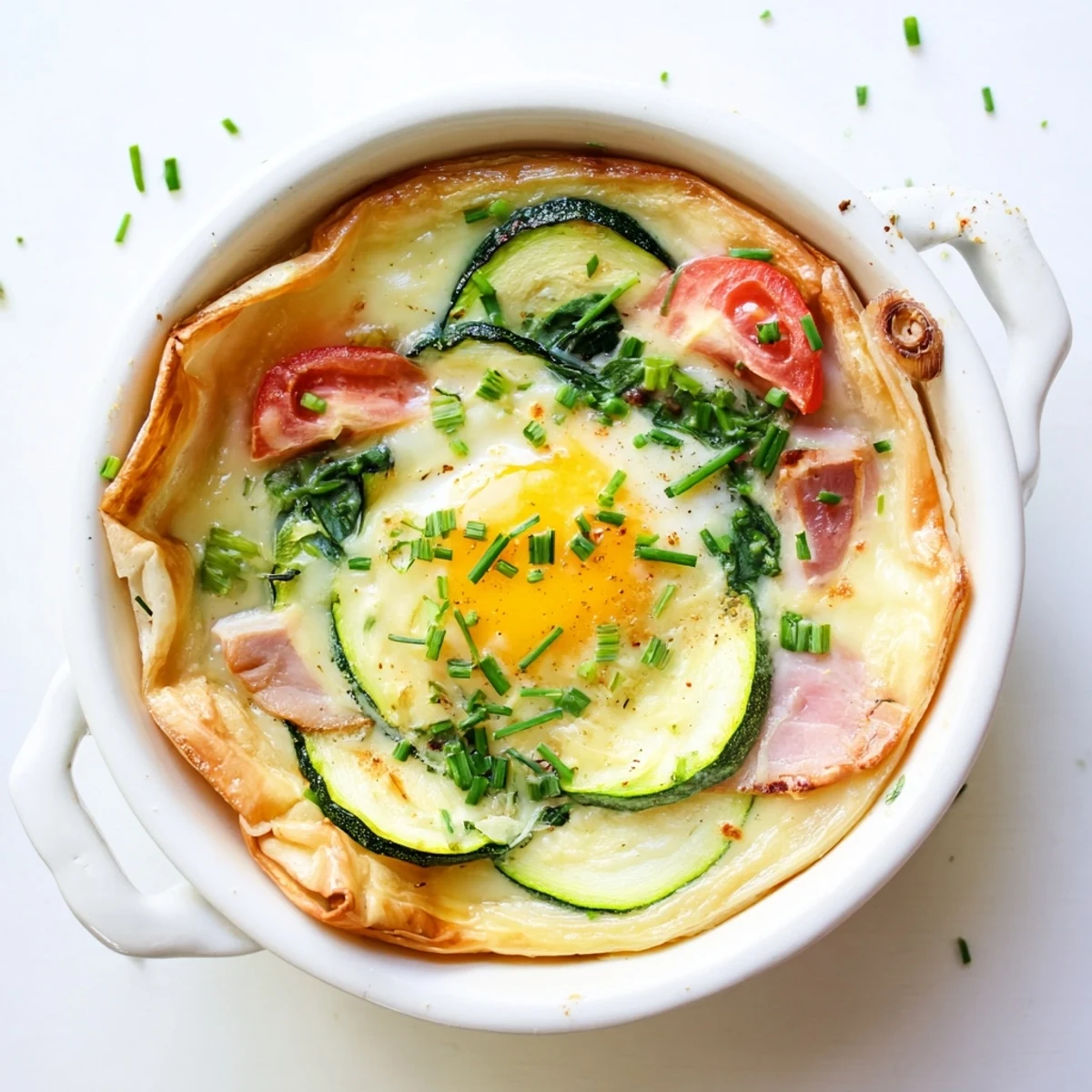 Golden baked eggs Napoleon with runny yolks nestled in creamy Gruyère sauce and layers of ham