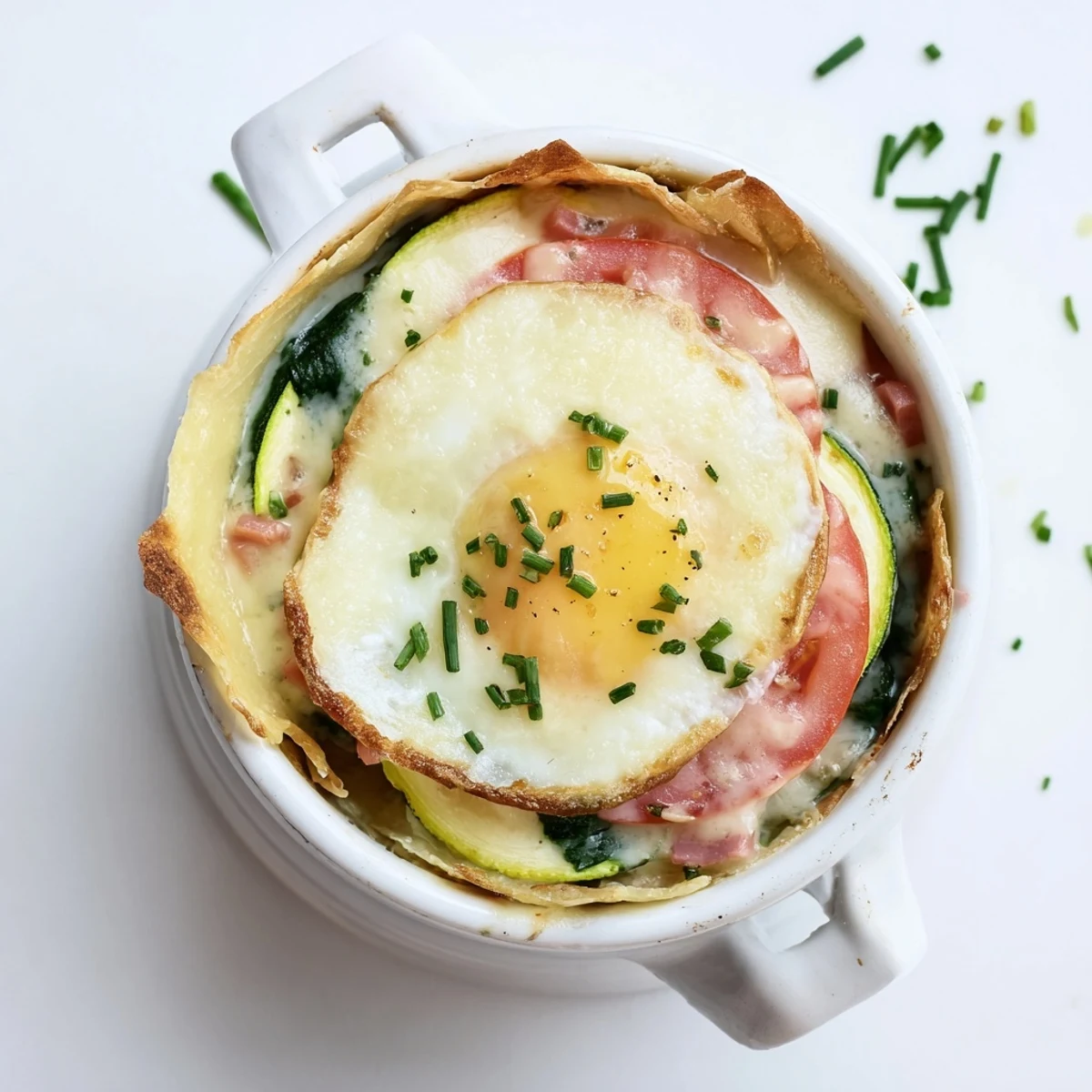 Elegant baked eggs Napoleon served in ramekins over spinach tomato and crispy golden pastry base