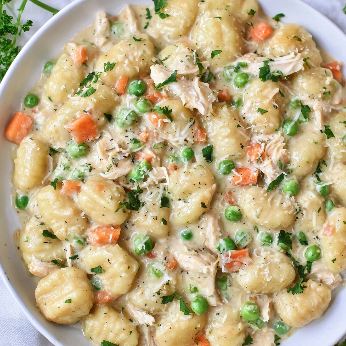 Creamy one pot gnocchi chicken pot pie in a cast iron skillet with tender vegetables and golden sauce