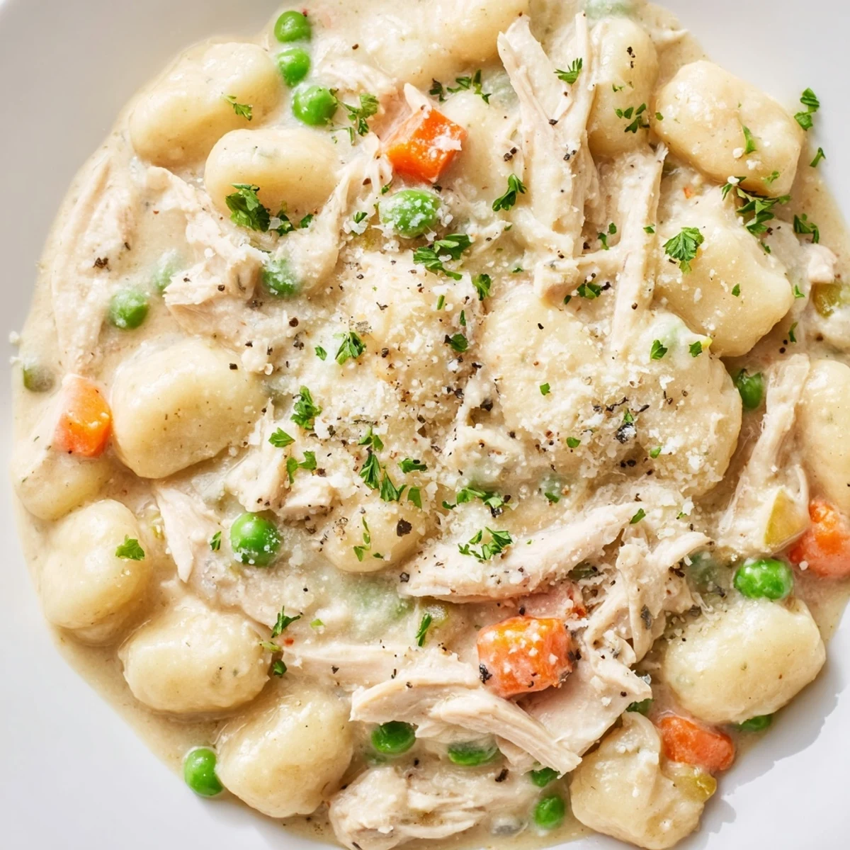 One pot gnocchi chicken pot pie topped with fresh parsley in a white ceramic serving bowl