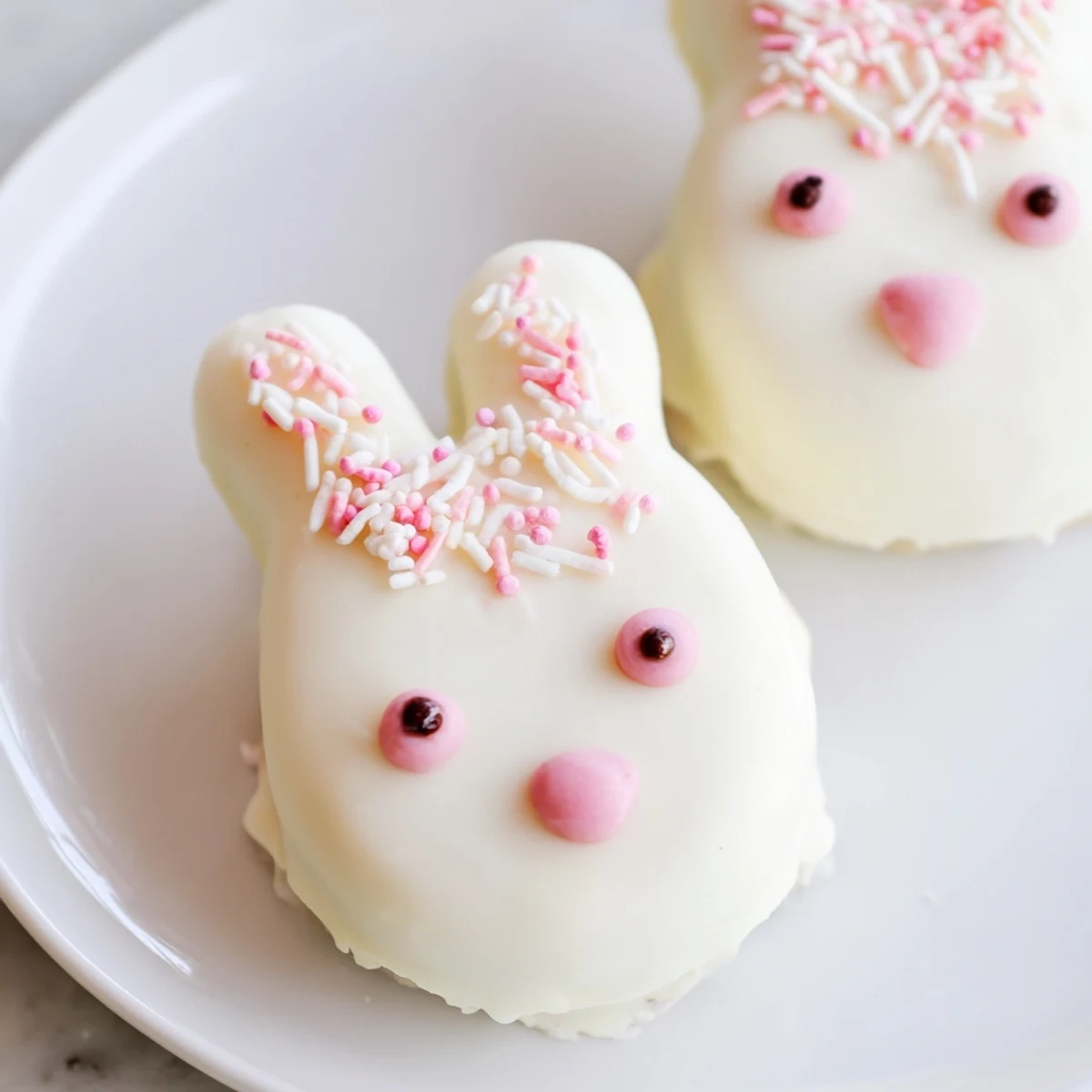 Creamy white chocolate bunny cakesicles decorated with sprinkles for festive Easter treats
