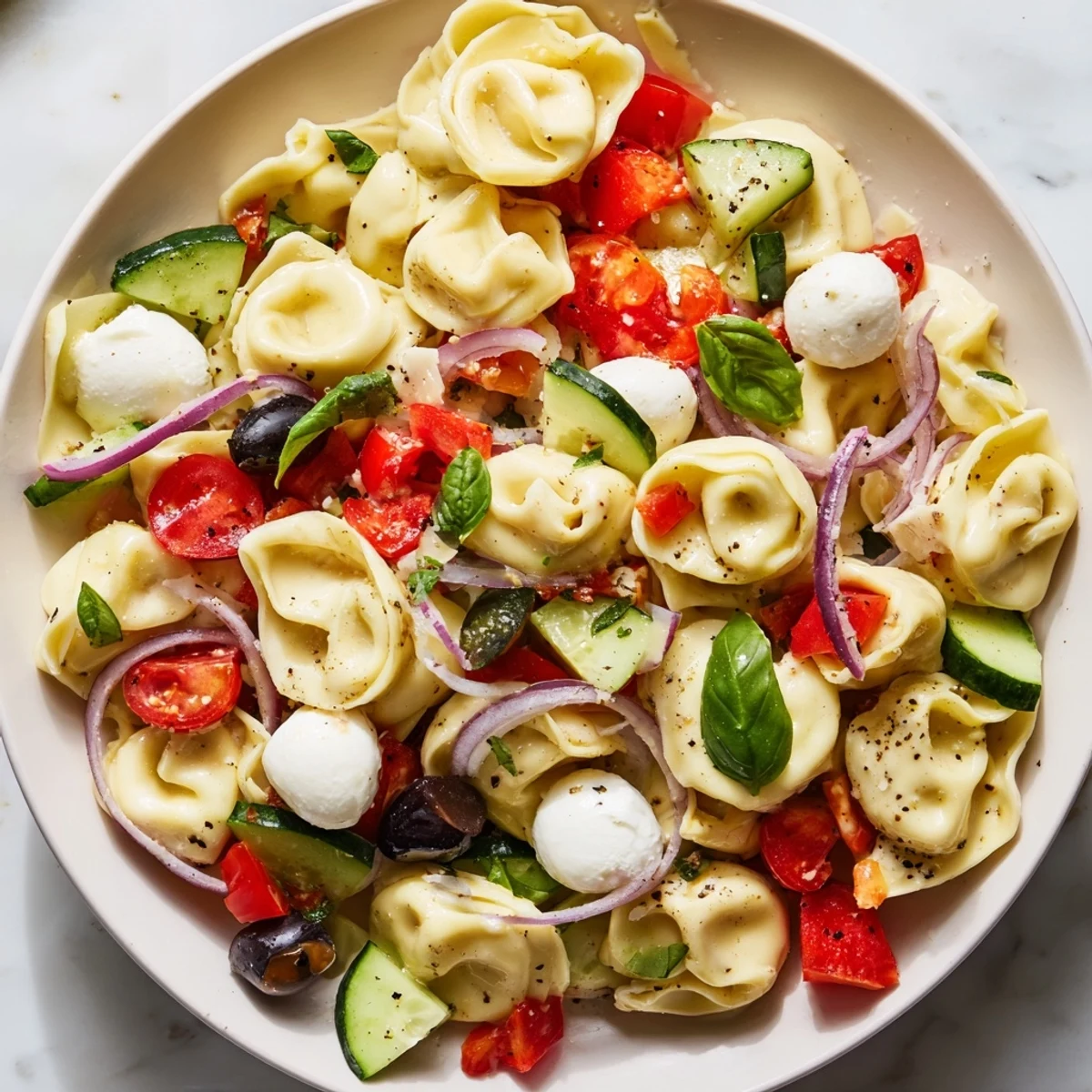 Tortellini Salad tossed with crisp vegetables and fresh basil in a tangy vinaigrette