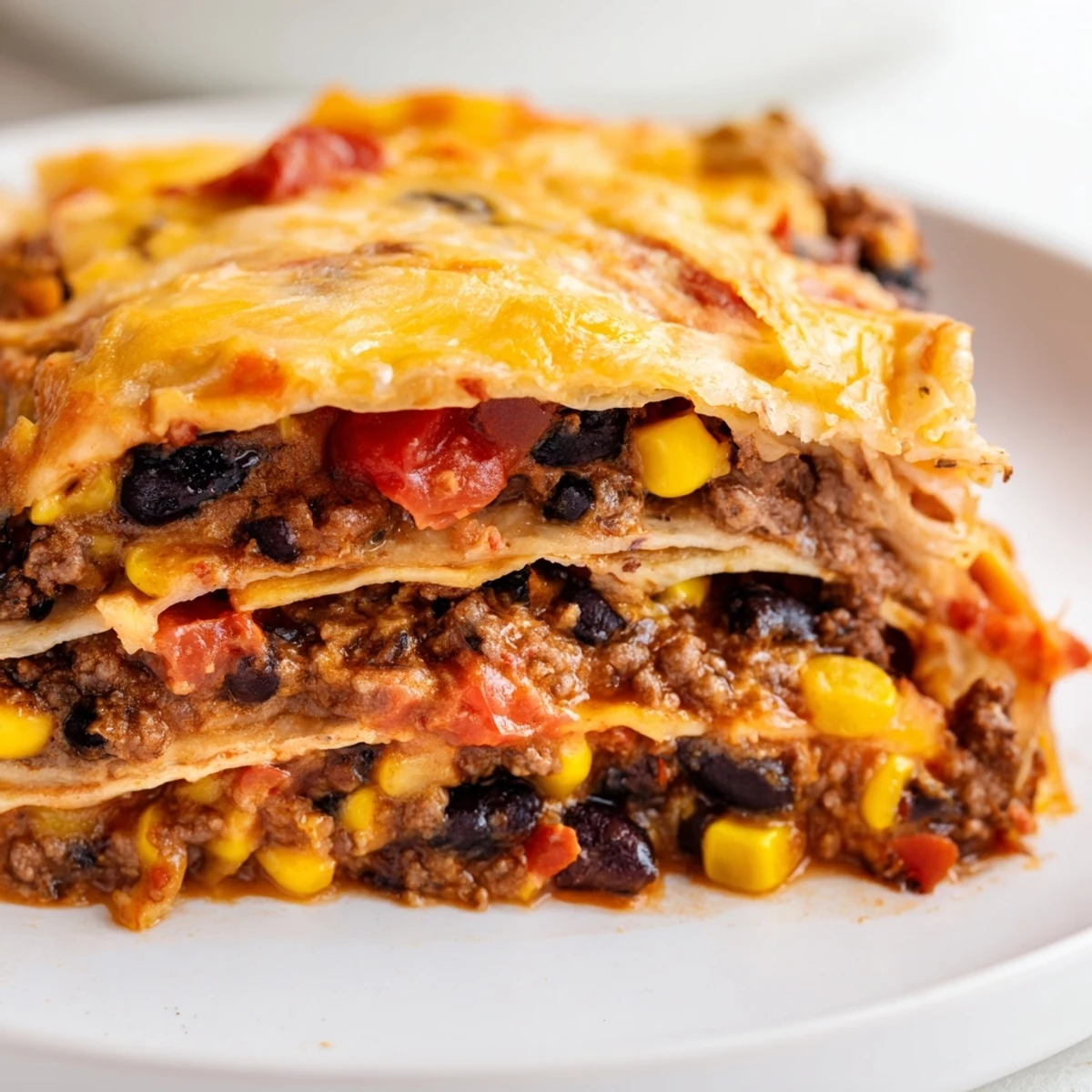 Golden bubbling Mexican lasagna with layers of seasoned beef, beans, and melted cheese