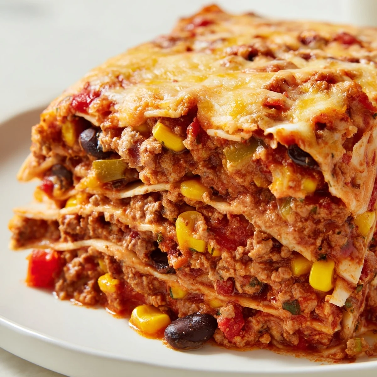 Mexican lasagna fresh from the oven topped with cilantro and sour cream garnish