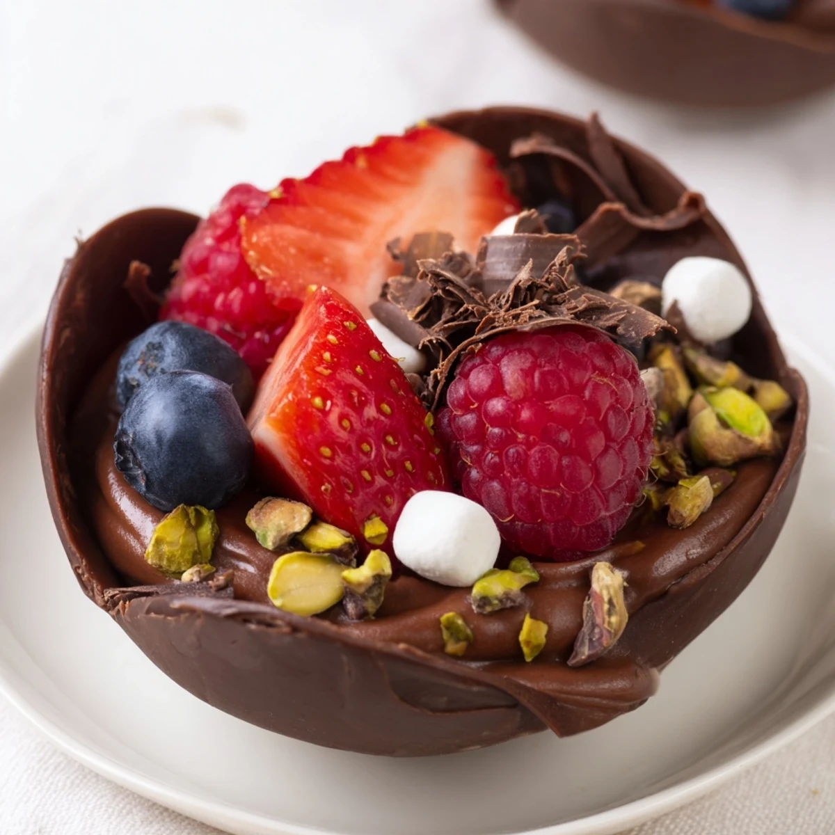 Chocolate grazing cups filled with creamy mousse and topped with fresh berries and nuts