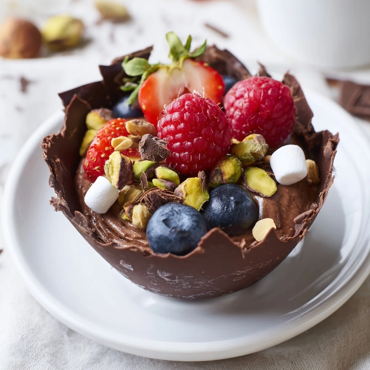 Elegant chocolate grazing cups with velvety mousse, jewel toned berries, and crunchy chocolate shavings