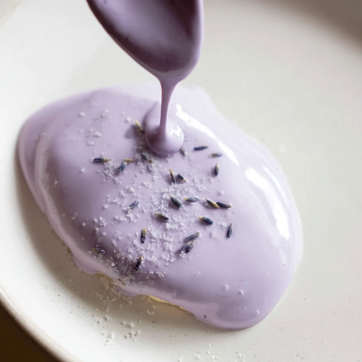 Creamy lavender glaze drizzled elegantly over a golden vanilla pound cake slice