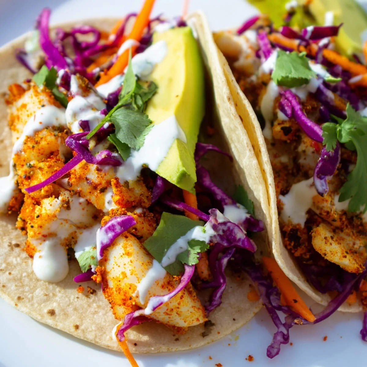 Golden spiced tilapia fish tacos with fresh cabbage slaw and zesty crema ready to serve
