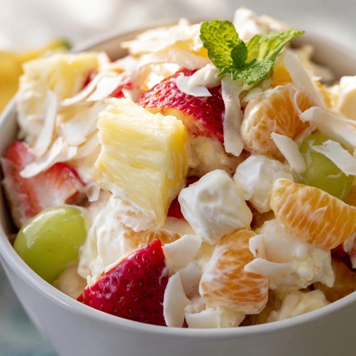 Tropical Hawaiian Cheesecake Salad featuring juicy strawberries, pineapple, and mandarin oranges in creamy dressing