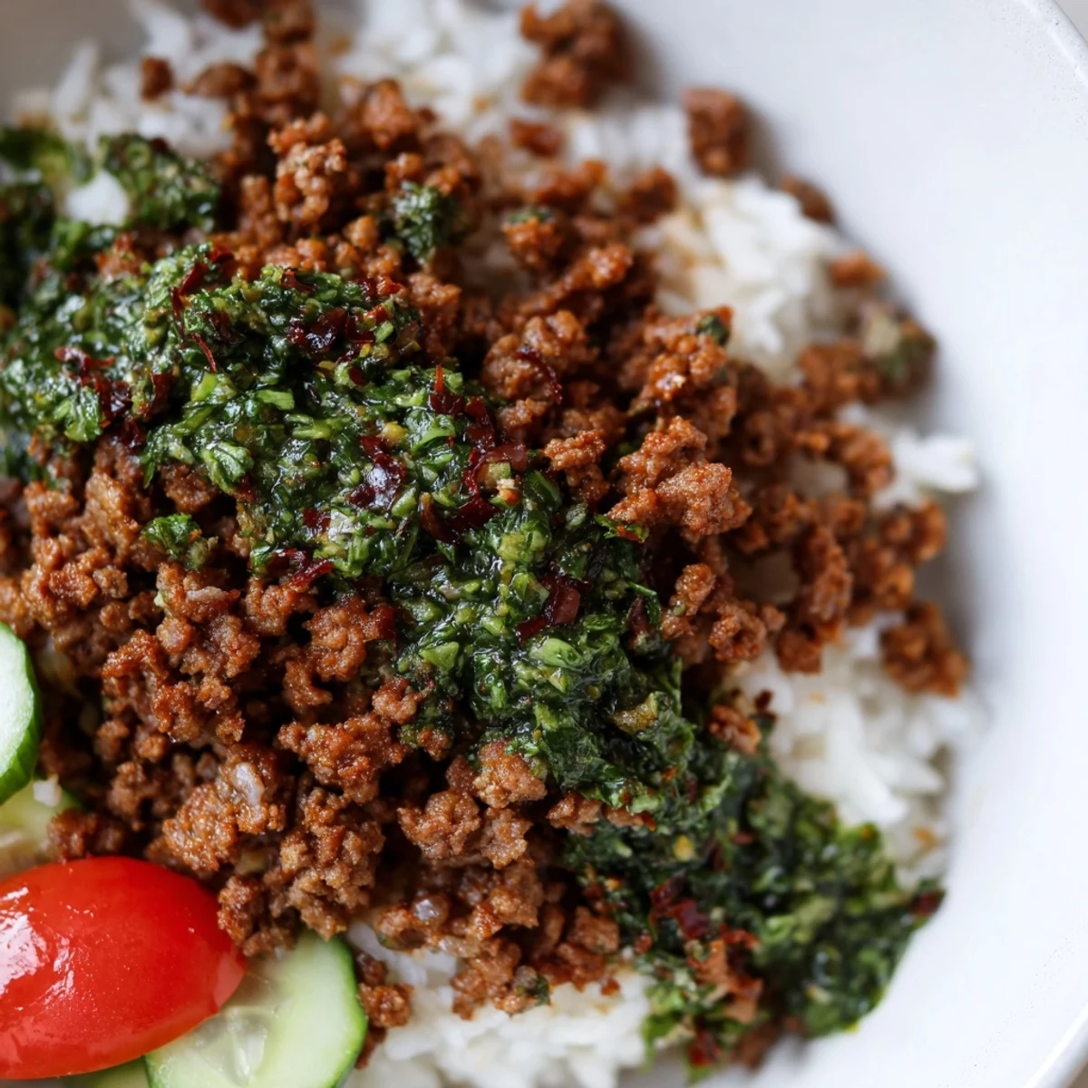 Chimichurri ground beef bowls loaded with fresh vegetables and drizzled with vibrant green herb sauce