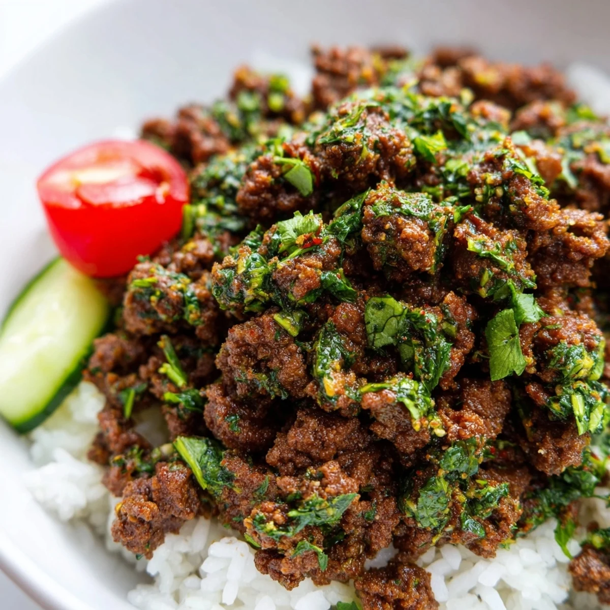 Seasoned chimichurri ground beef bowls served over fluffy rice with crisp cucumber and creamy avocado