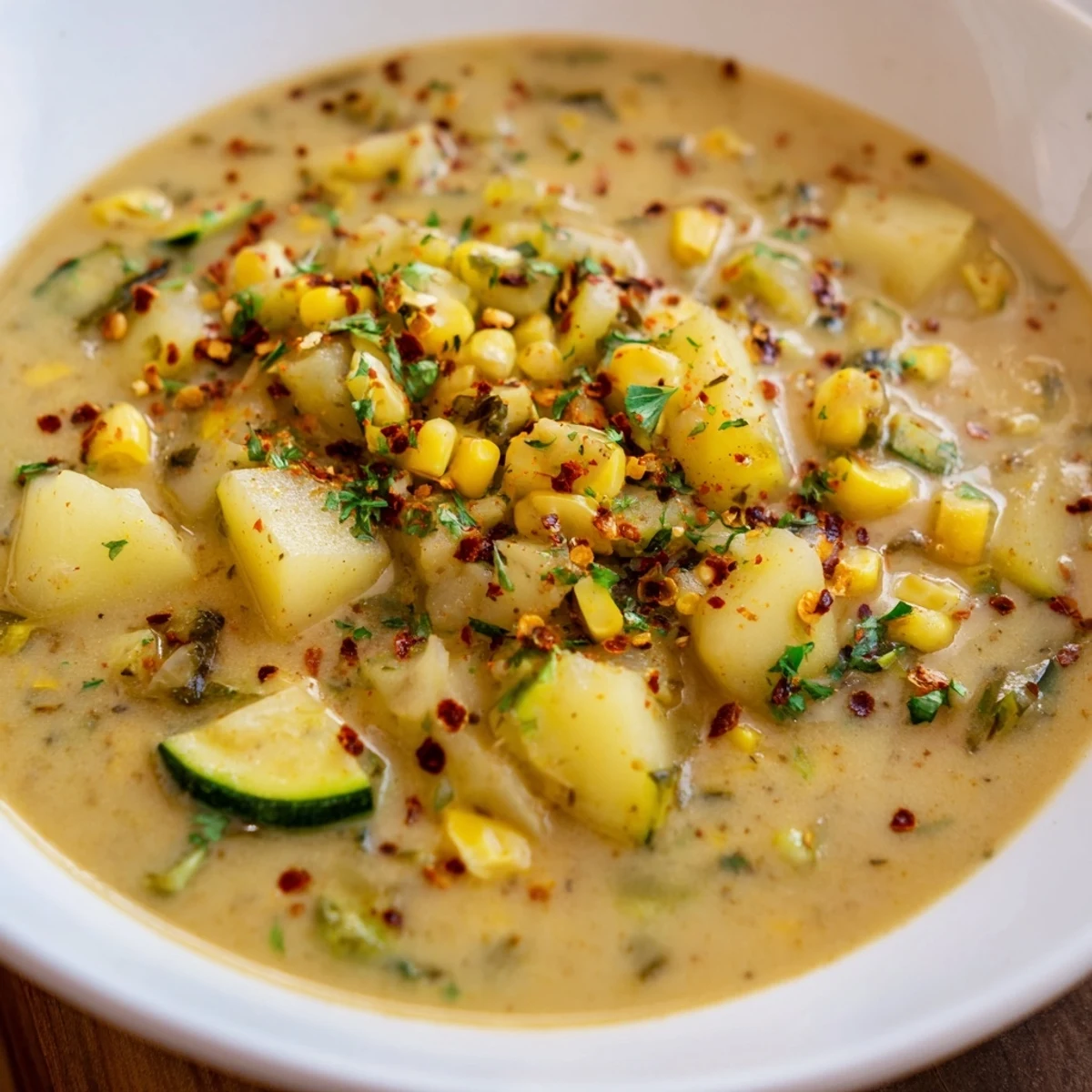 Steaming bowl of hearty potato corn zucchini soup garnished with fresh parsley