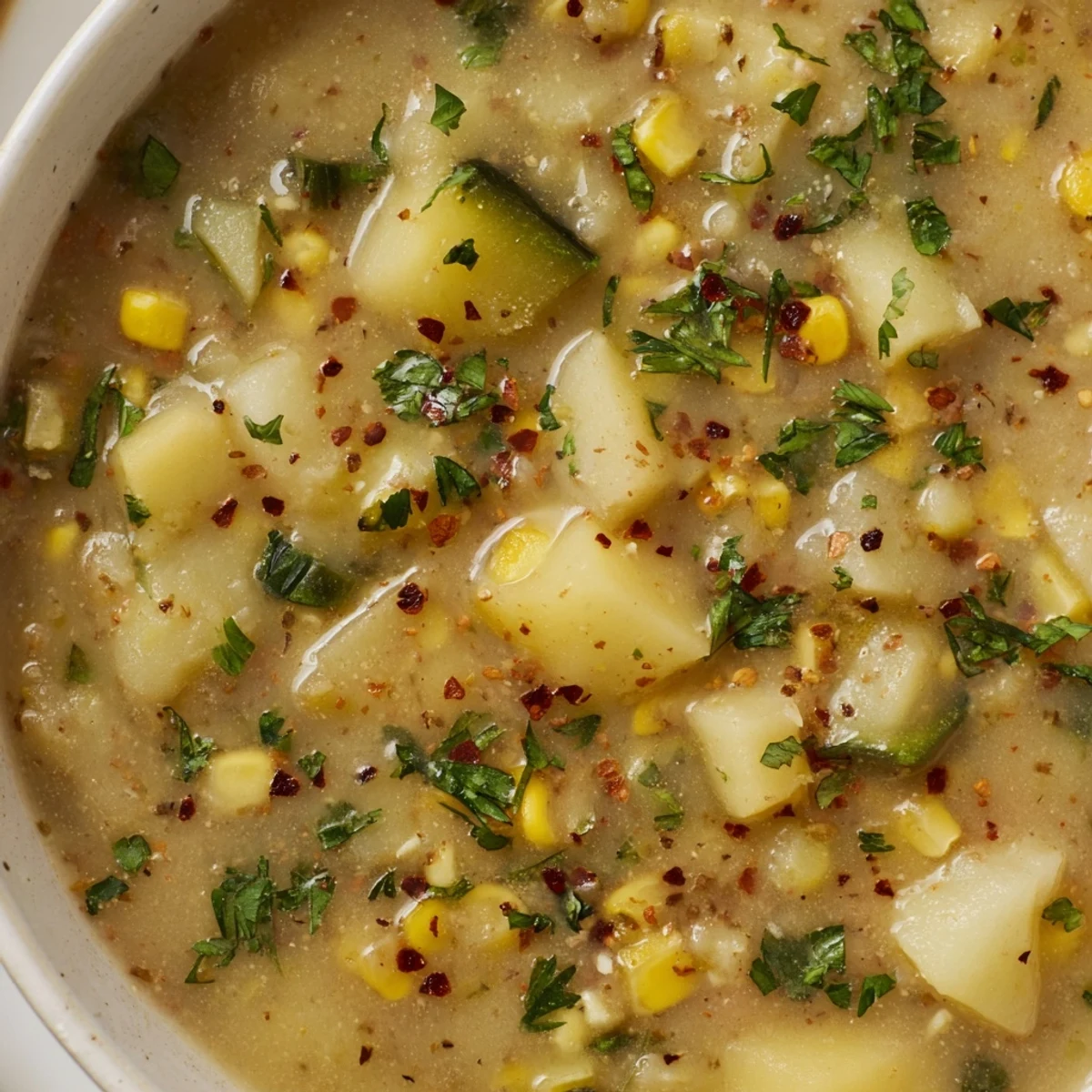 Creamy hearty potato corn zucchini soup brimming with tender vegetables in white bowl