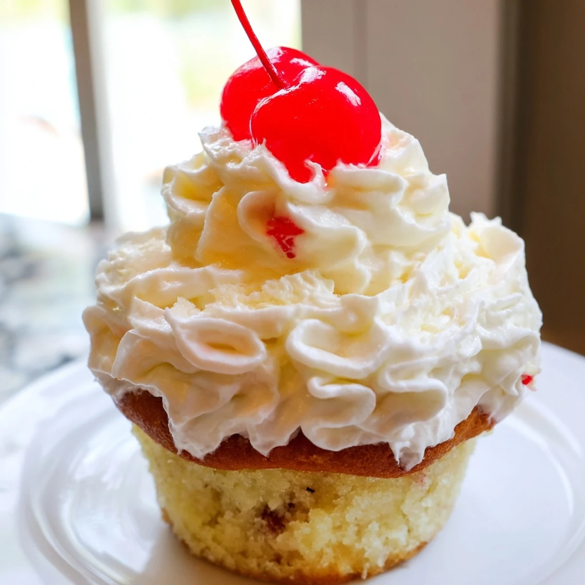 Moist banana milkshake cupcakes topped with creamy vanilla frosting and bright red maraschino cherry garnish