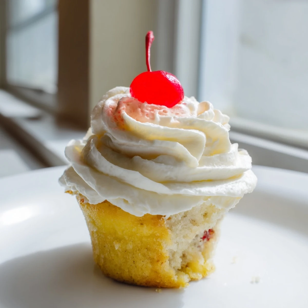 Golden banana milkshake cupcakes with fluffy swirled frosting served on rustic white ceramic plate