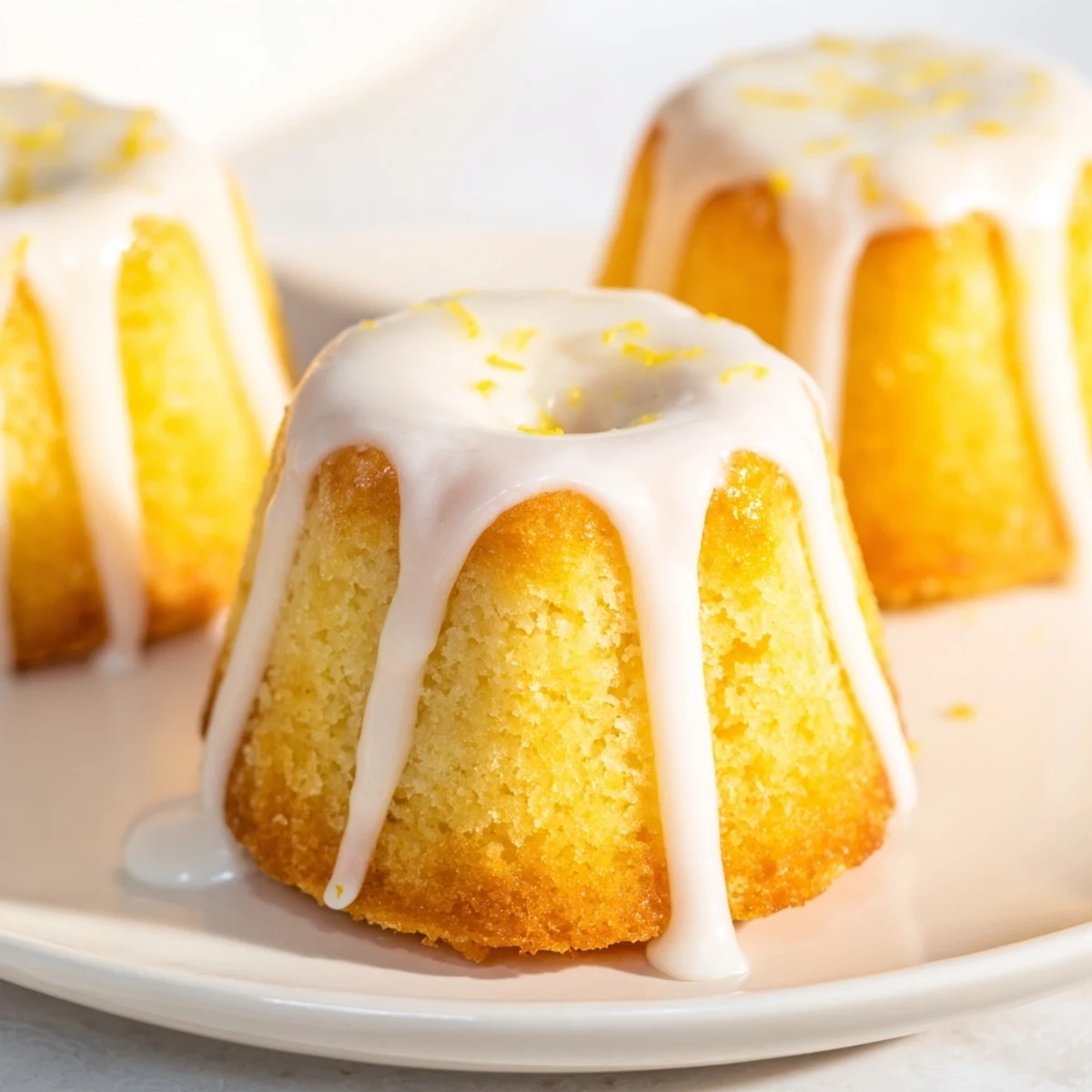 Golden mini lemon cakes drizzled with glossy glaze on a white serving plate
