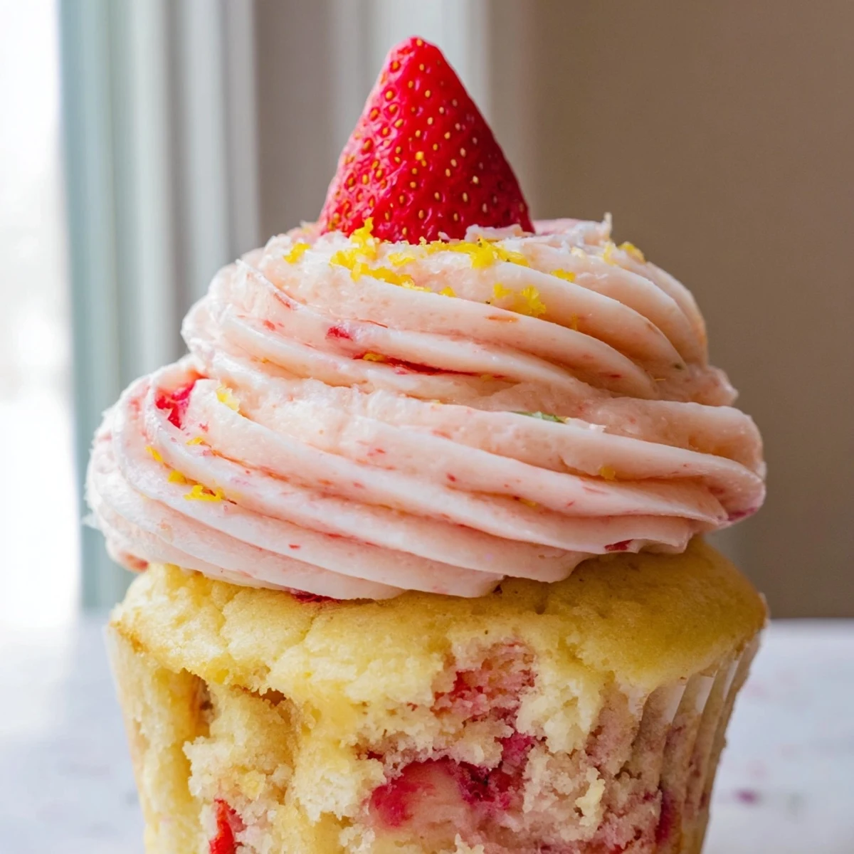 Pink frosted strawberry lemonade cupcakes garnished with fresh berries on a rustic wooden board