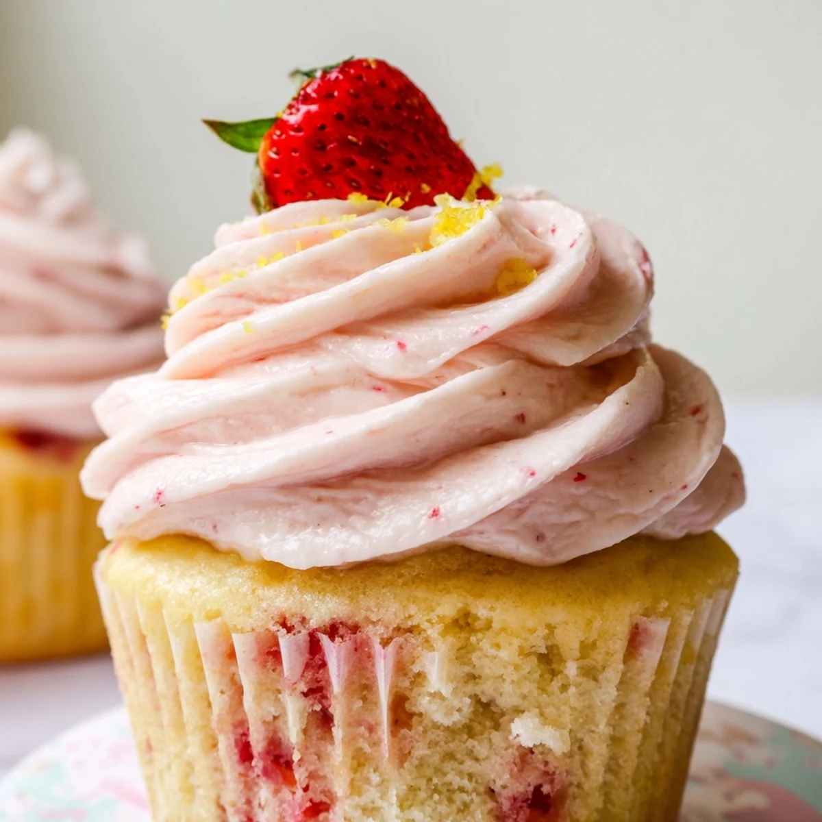 Moist strawberry lemonade cupcakes with creamy citrus frosting served at a sunny summer party