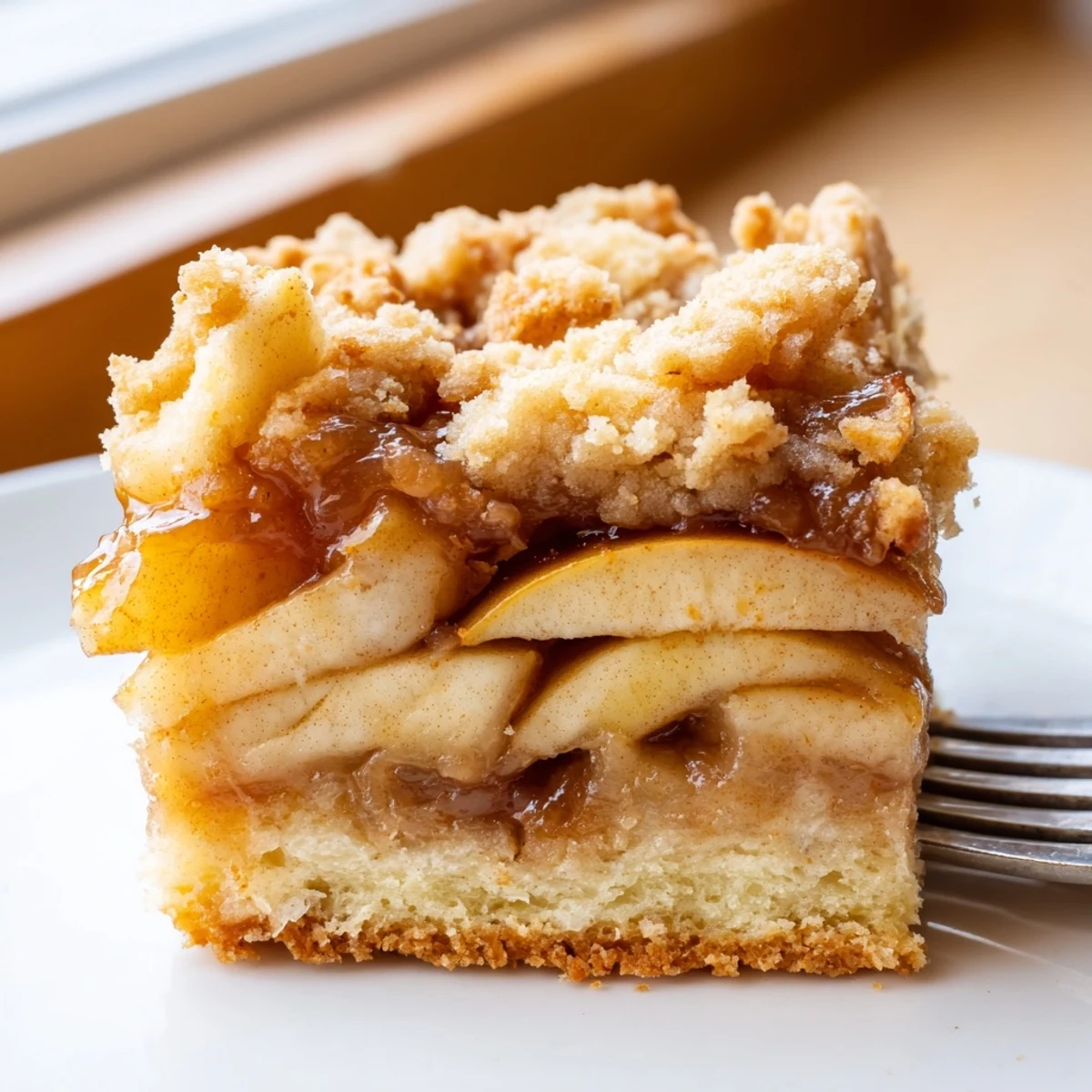 Golden caramel apple crumb bars with buttery topping on a rustic baking sheet