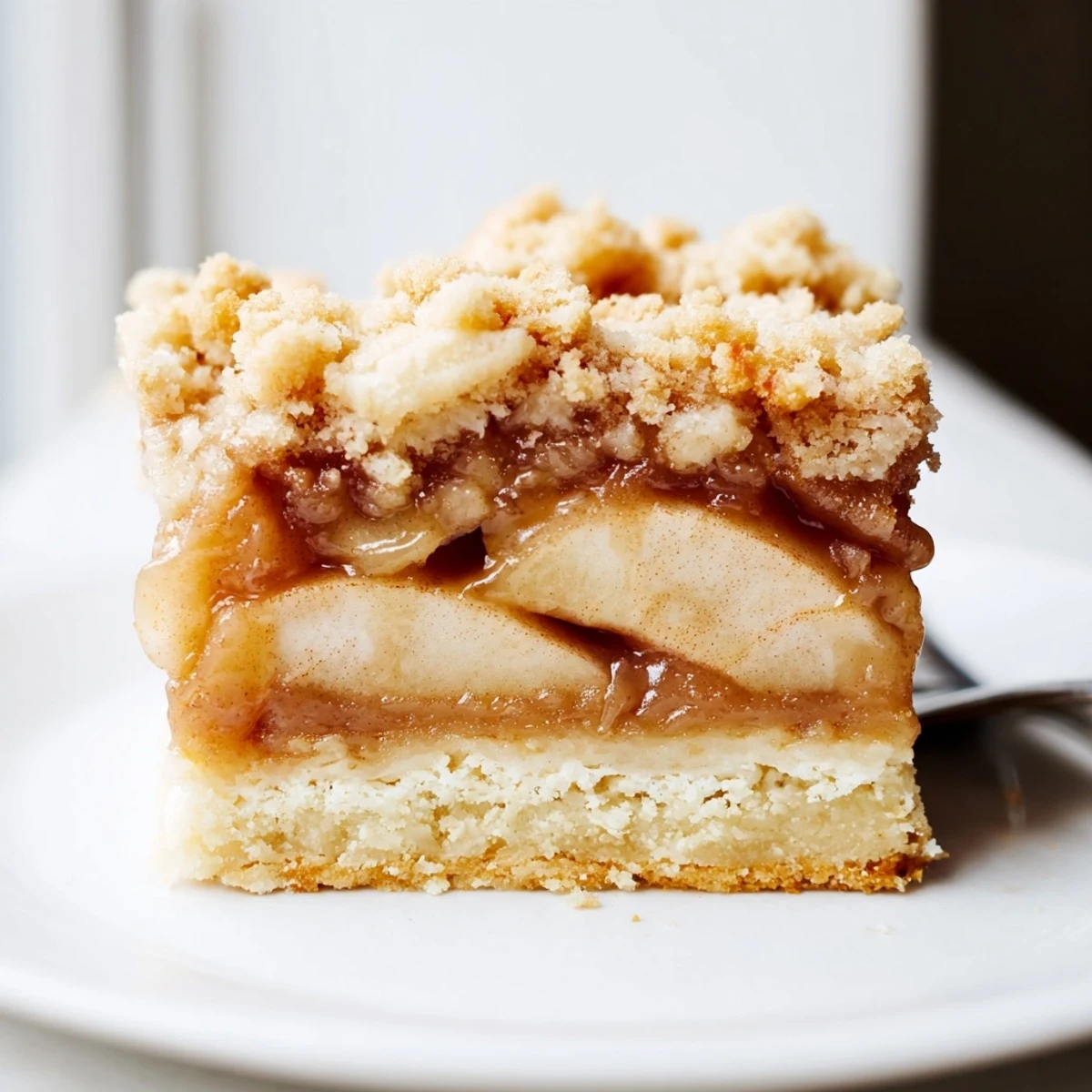 Warm caramel apple crumb bars sliced to reveal tender cinnamon-spiced apple filling