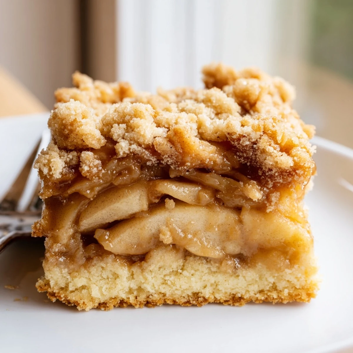 Chewy caramel apple crumb bars drizzled with extra sauce on a fall dessert plate
