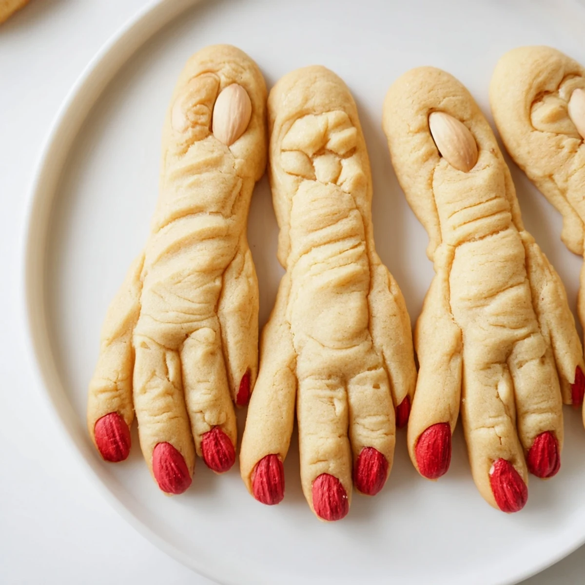 Creepy Witch Finger Cookies with bloody almond nails on a spooky Halloween platter