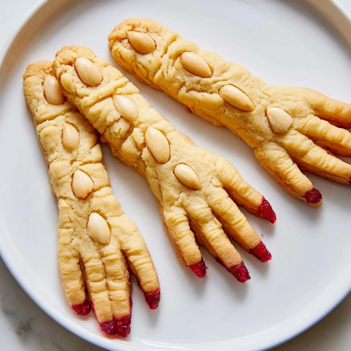 Golden Creepy Witch Finger Cookies arranged on parchment with raspberry jam details
