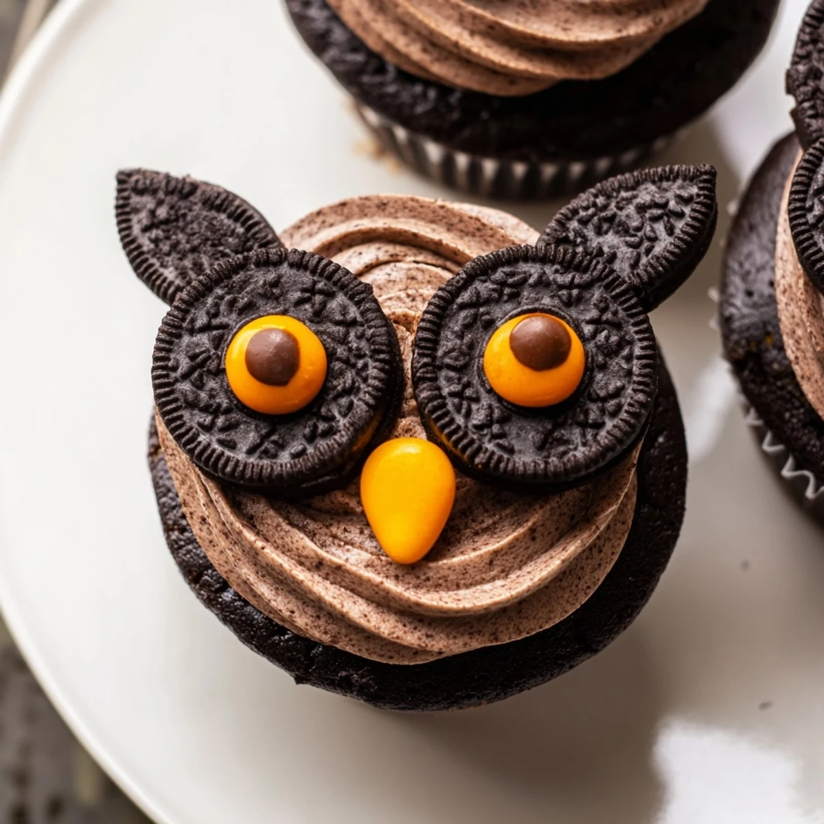 Oreo Owl Cupcakes with fluffy frosting, candy eyes, and cookie wings displayed on a rustic baking sheet