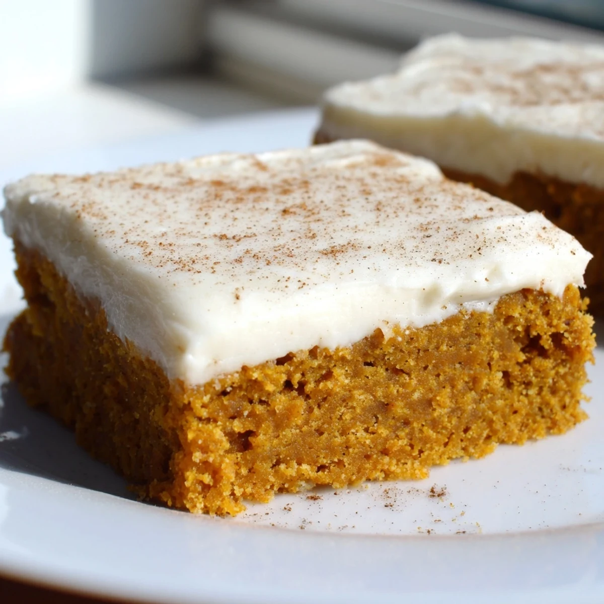 Warm spiced pumpkin bars with cream cheese frosting sliced and arranged on a rustic cutting board