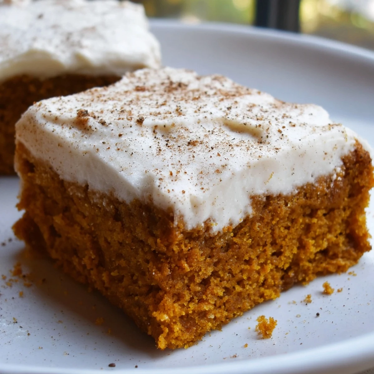 Thick swirls of tangy cream cheese frosting blanket these moist cinnamon-spiced pumpkin bars perfectly