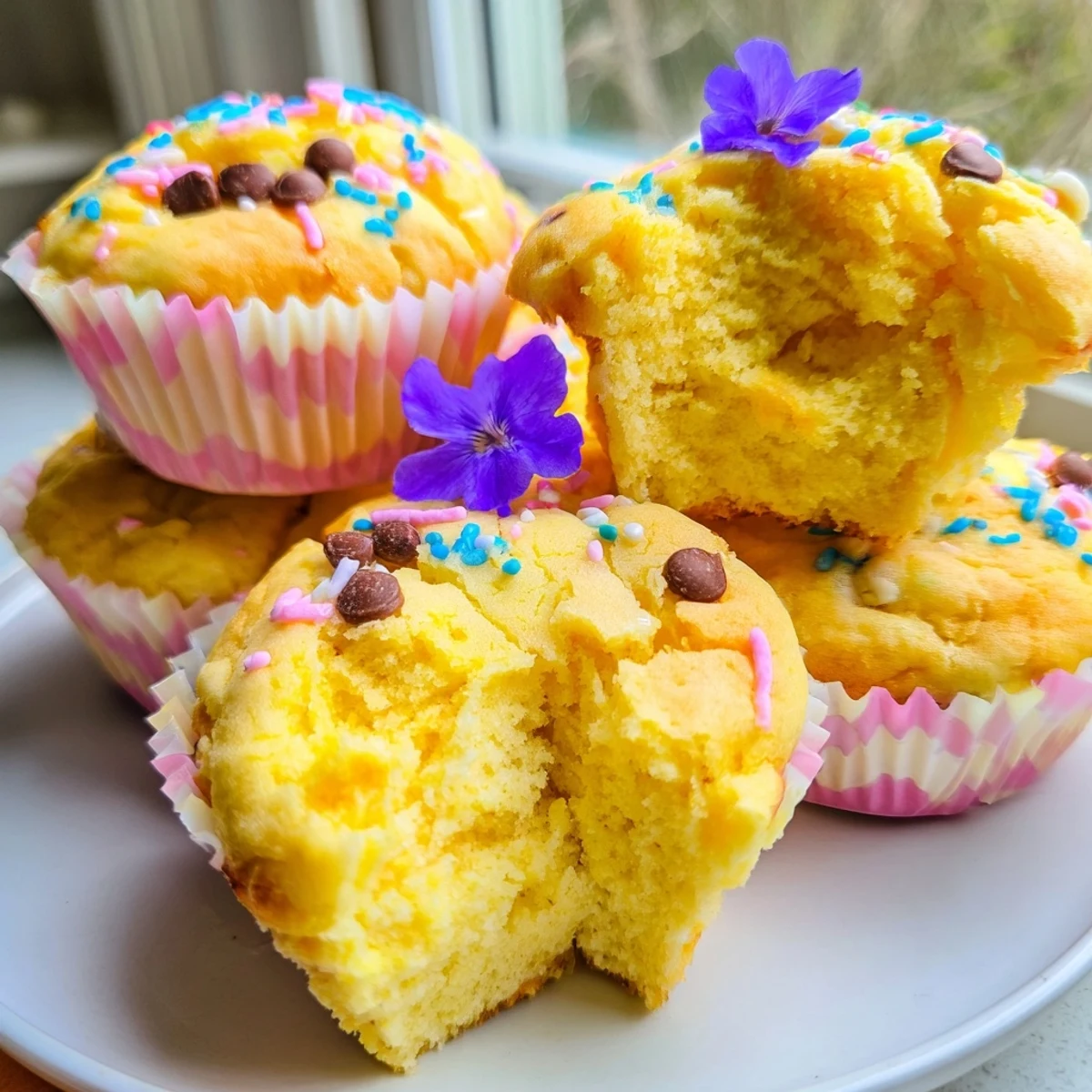 Fluffy steamed blooming cupcakes with cracked golden tops on a rustic plate