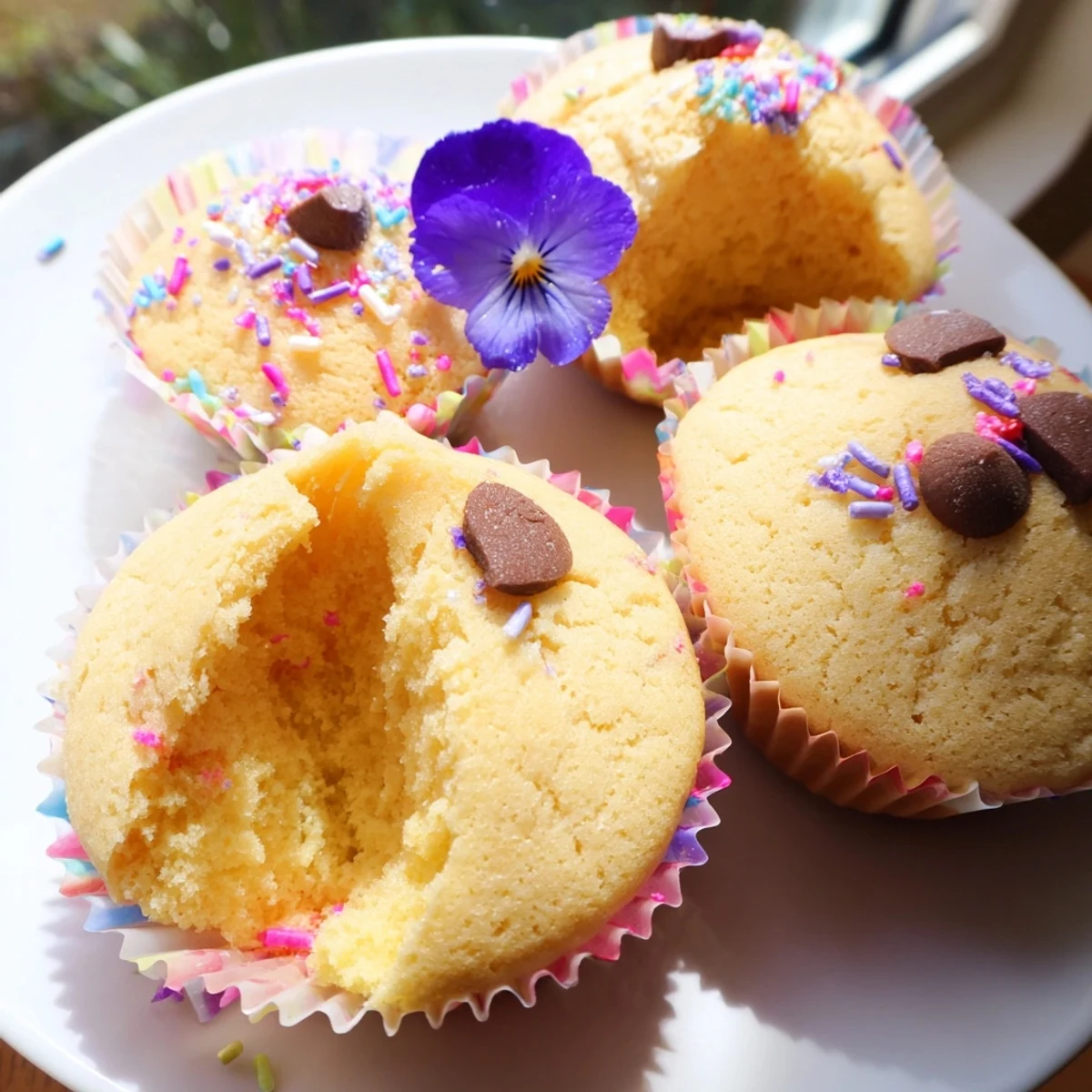 Tender steamed blooming cupcakes garnished with edible flowers served warm from the steamer
