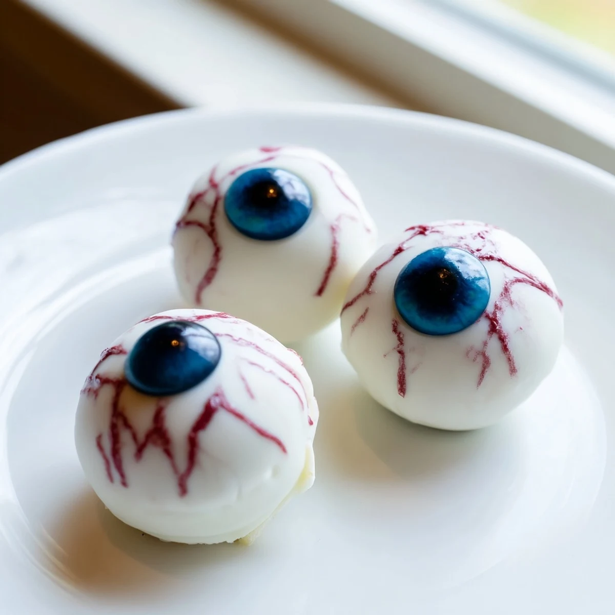 Creamy frosted Halloween Cake Eyeballs dipped in white chocolate with haunting red vein details