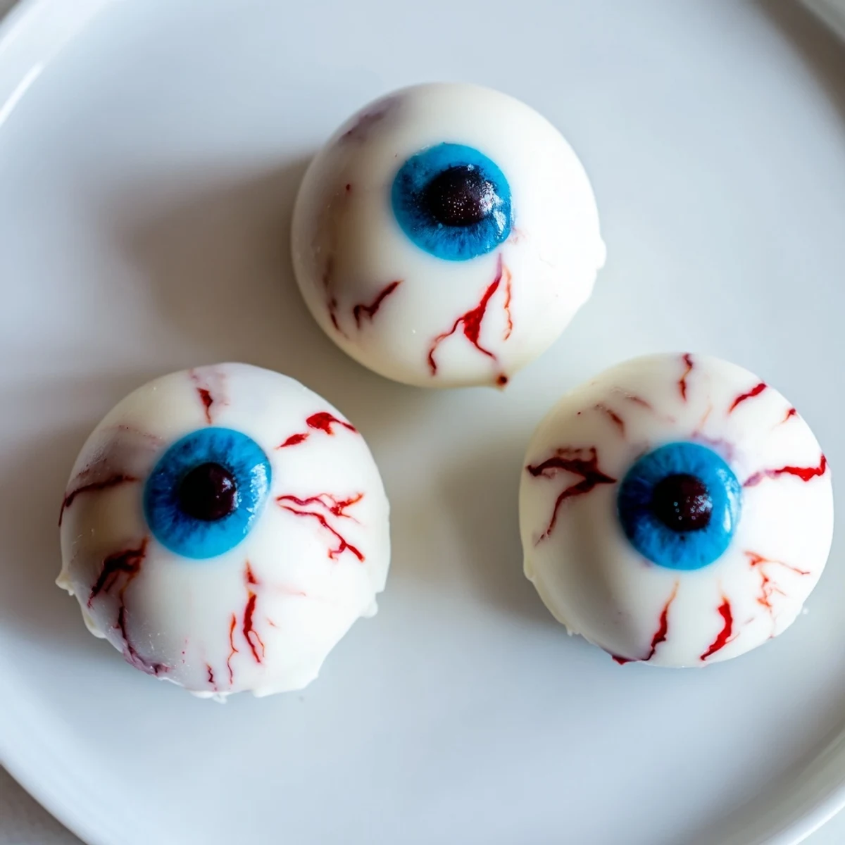 Halloween Cake Eyeballs with red veining and colorful irises on a spooky dessert platter