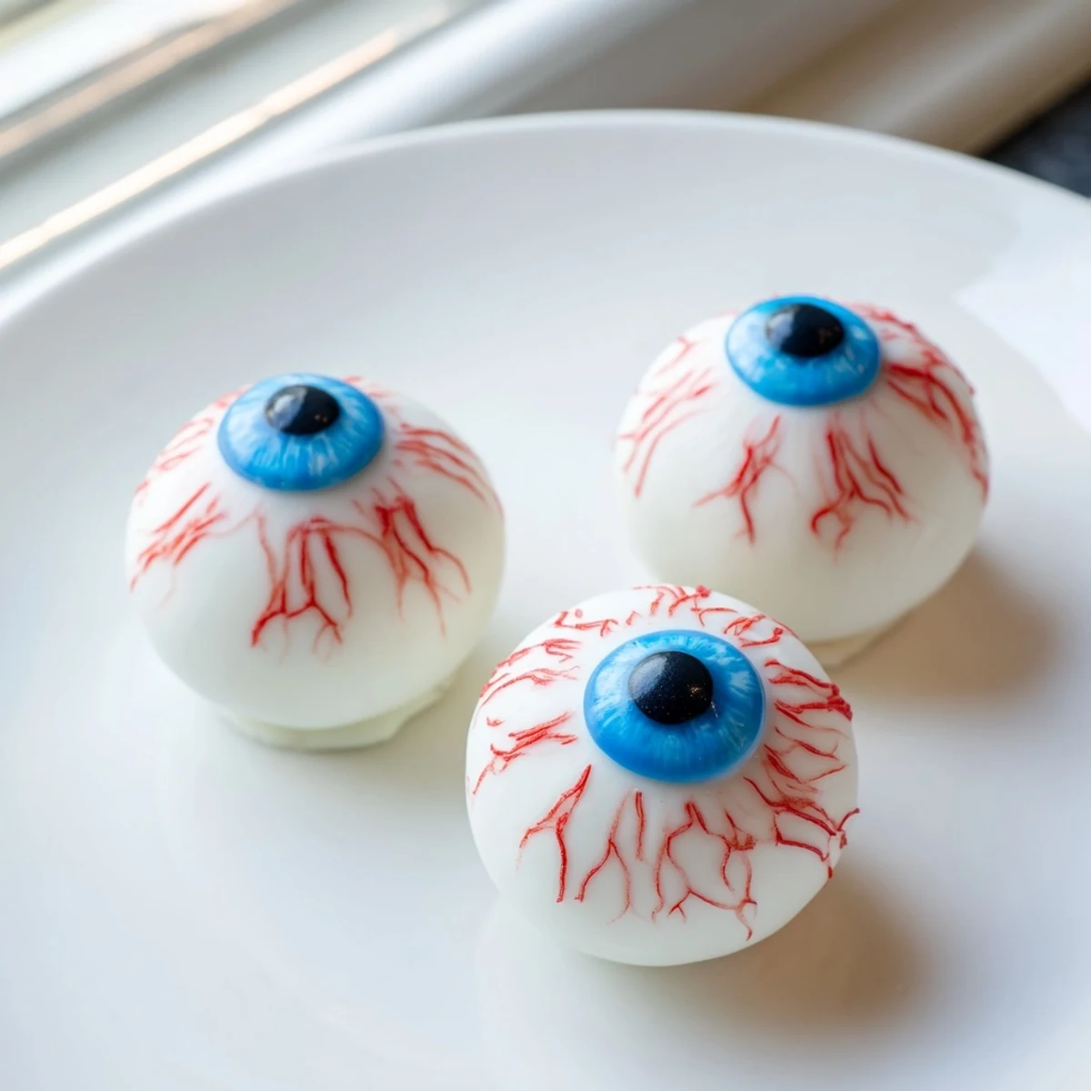 Chilled Halloween Cake Eyeballs arranged on a parchment-lined tray ready for a frightening party