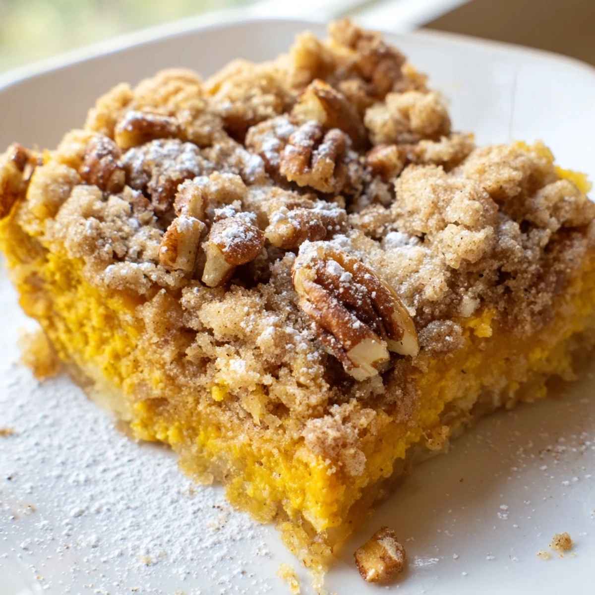 Golden pumpkin dump cake fresh from the oven with a buttery pecan topping