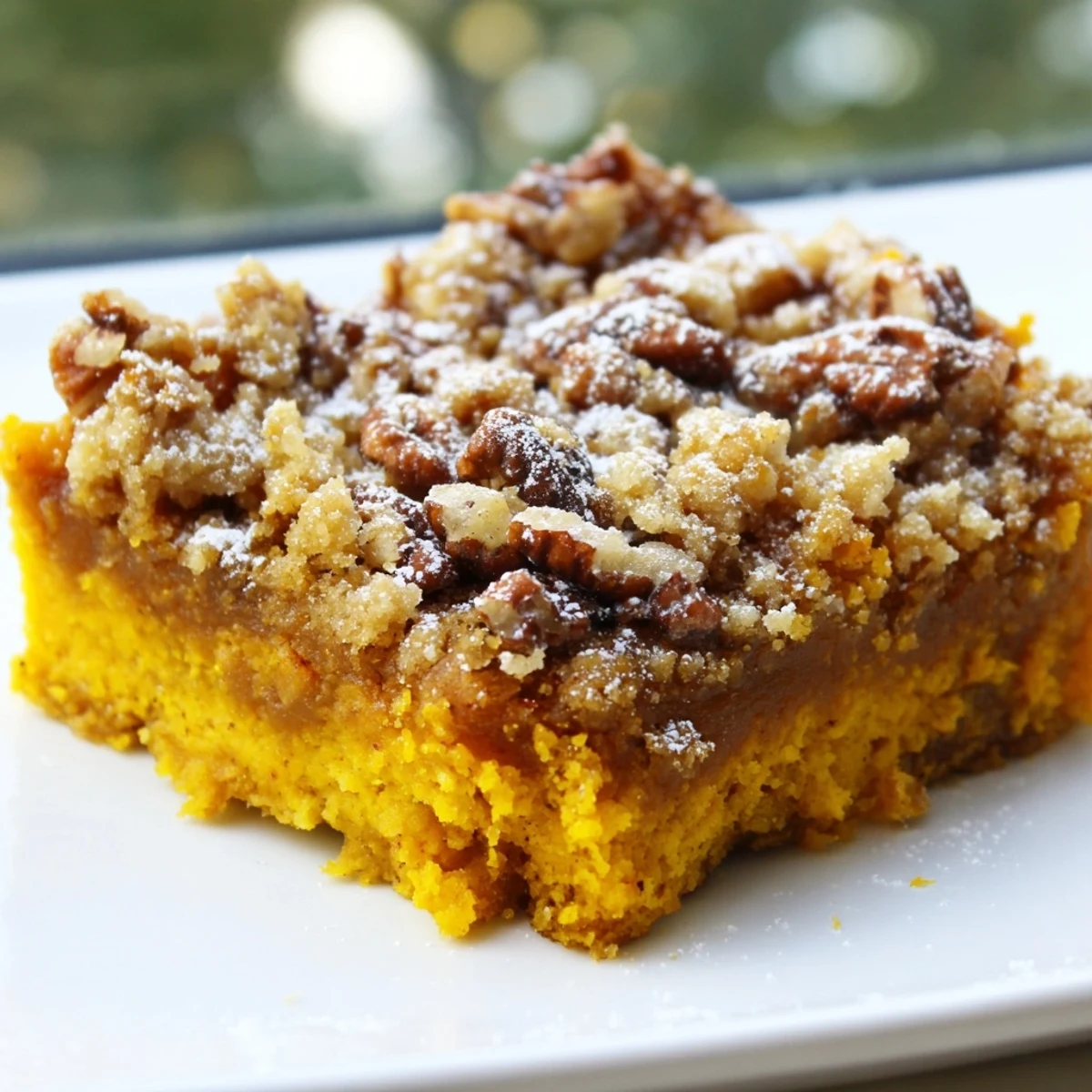 Warm slice of pumpkin dump cake served with a dollop of whipped cream