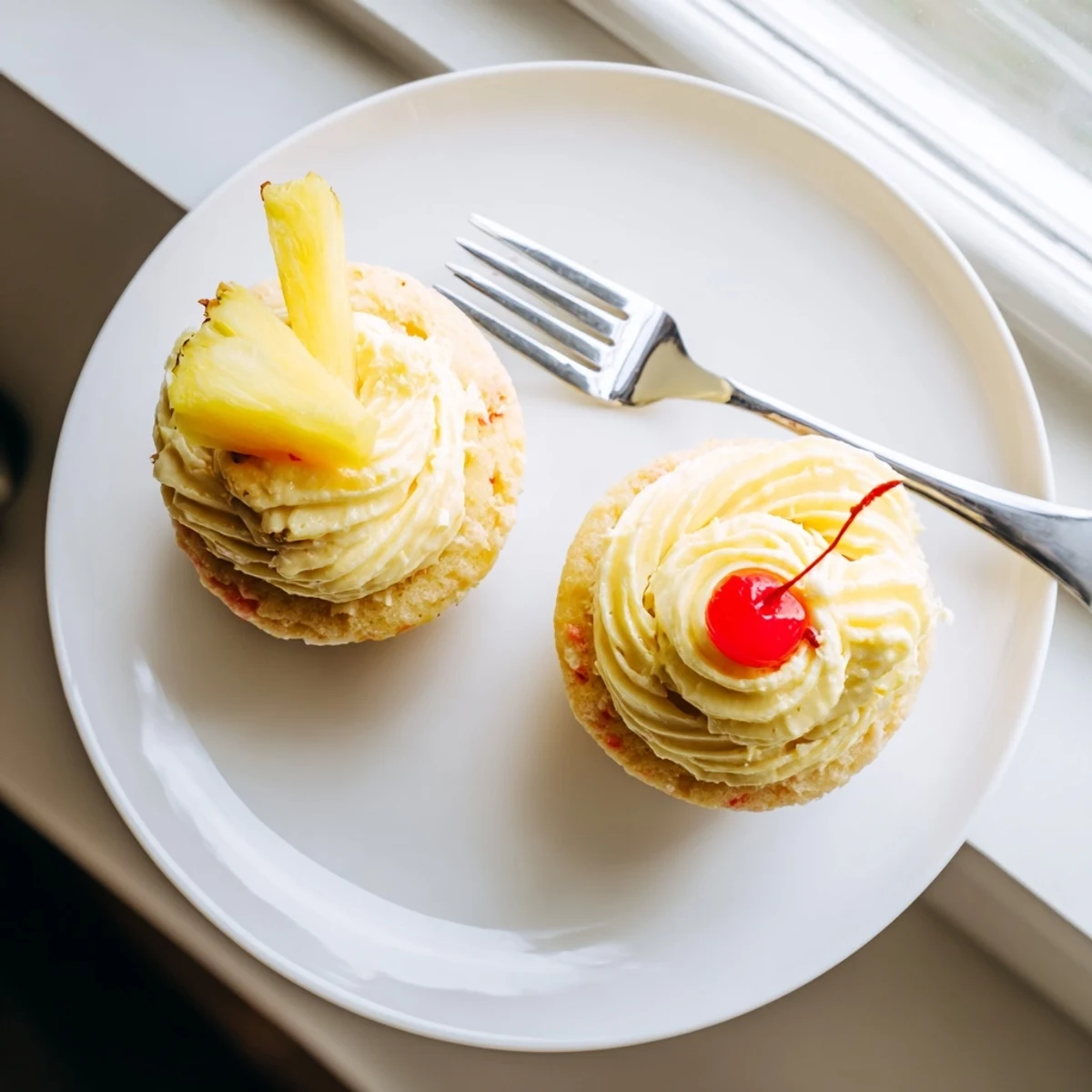 Golden Dole Whip Cupcakes topped with fluffy pineapple whipped frosting and cherry garnishes