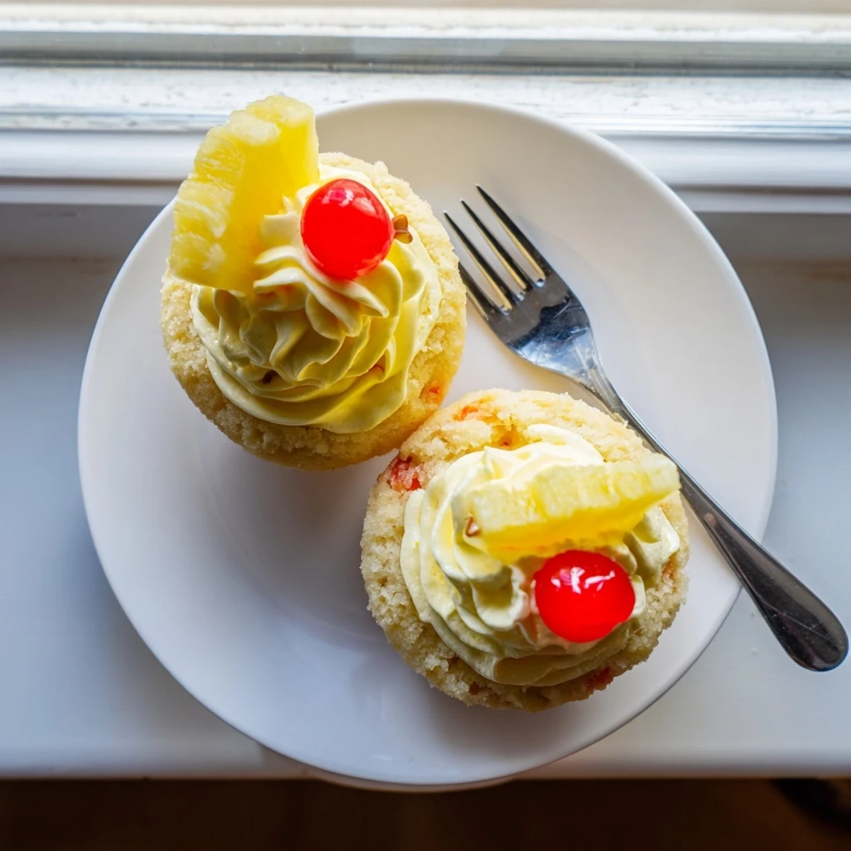 A batch of twelve tropical Dole Whip Cupcakes with pillowy whipped pineapple topping