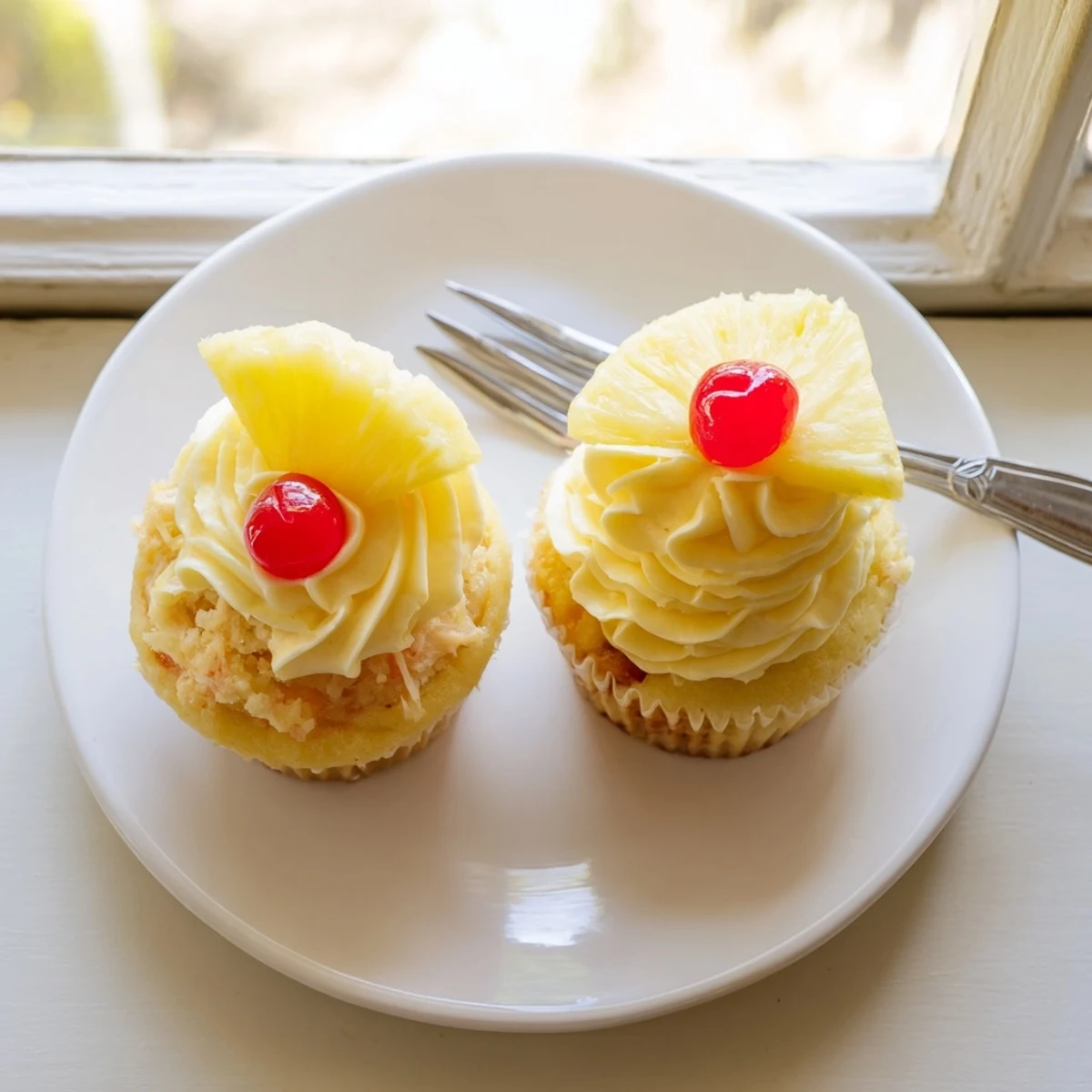 Moist pineapple-infused Dole Whip Cupcakes swirled with creamy yellow frosting on a white plate