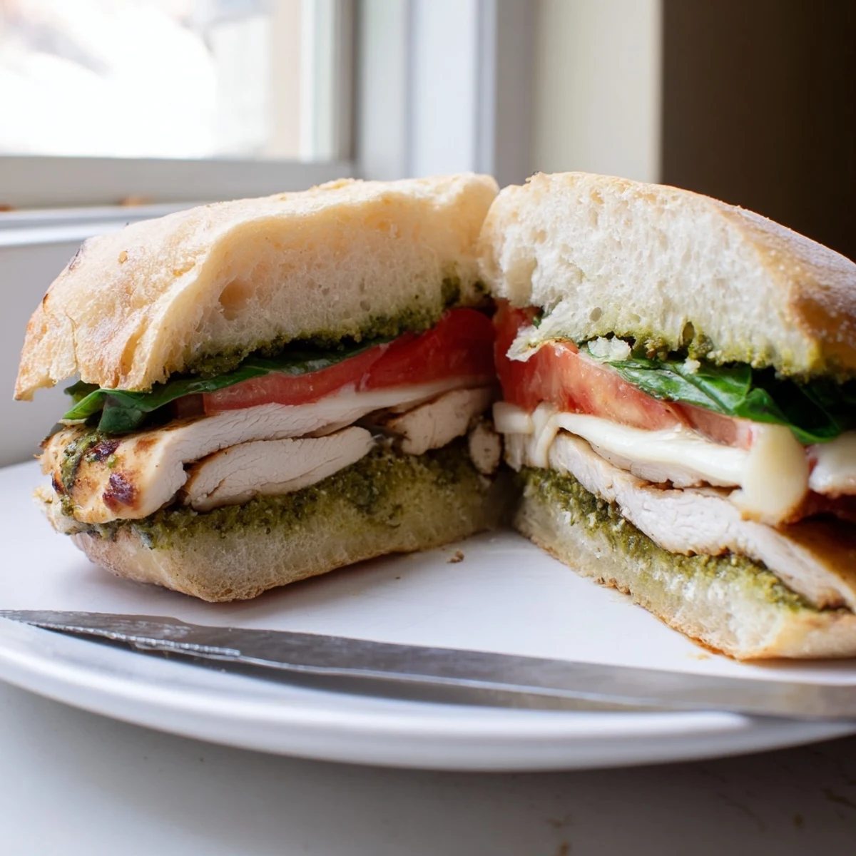 Warm chicken pesto sandwich on toasted ciabatta with melted mozzarella and fresh tomato