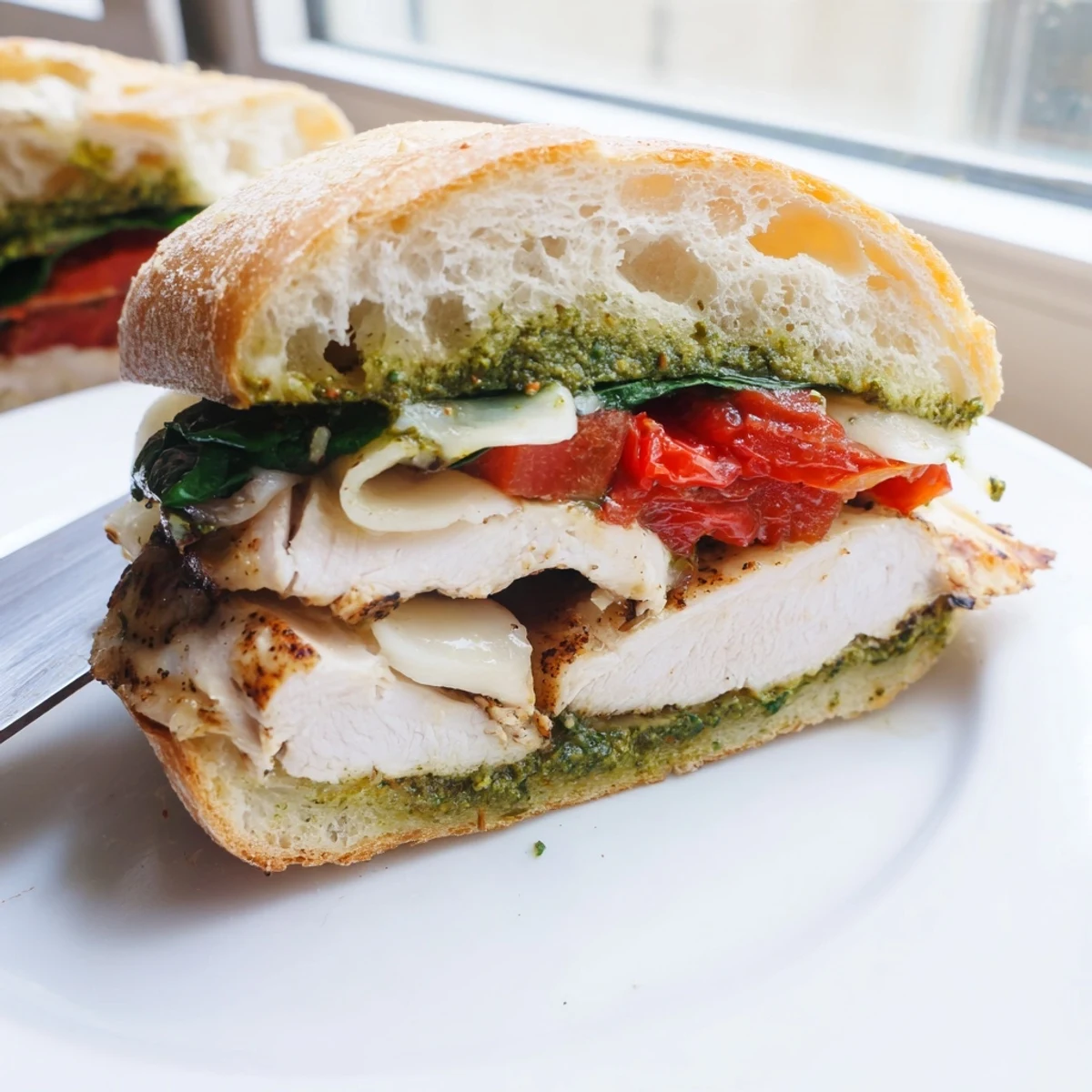 Sliced chicken pesto sandwich stacked with gooey mozzarella and basil on crusty bread