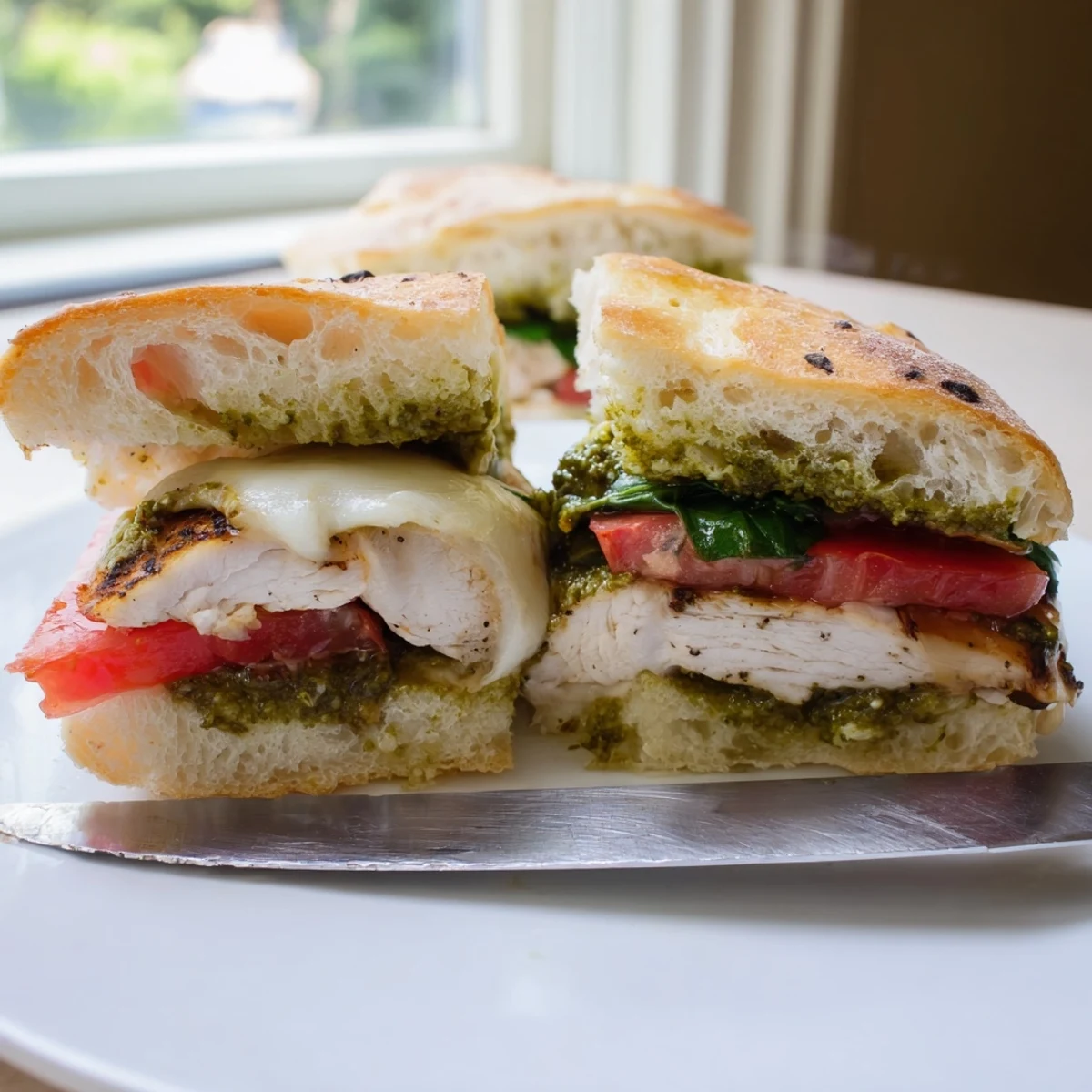 Grilled chicken pesto sandwich recipe layered with arugula on golden crispy rolls