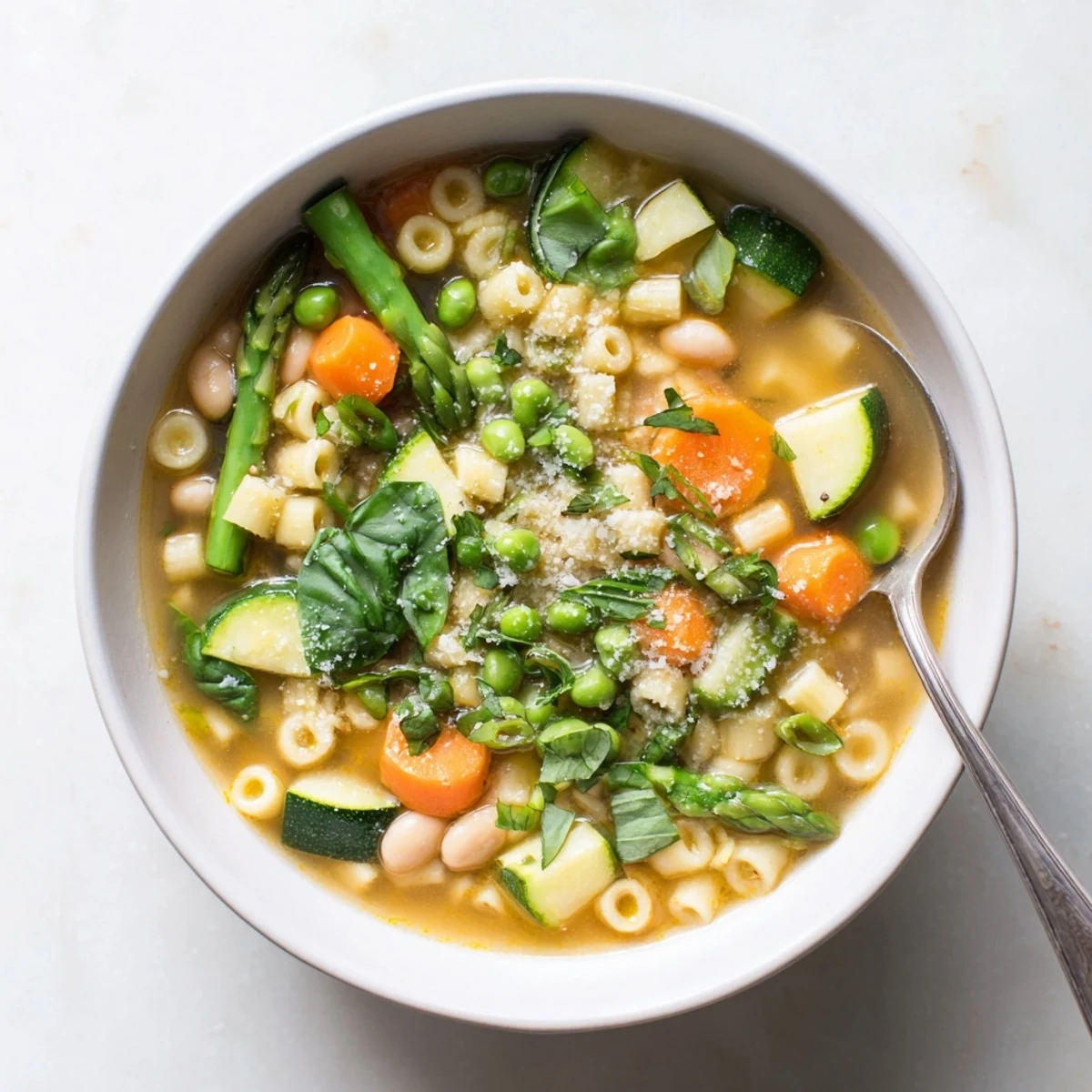 Steaming bowl of spring minestrone soup recipe with tender pasta and vibrant green vegetables
