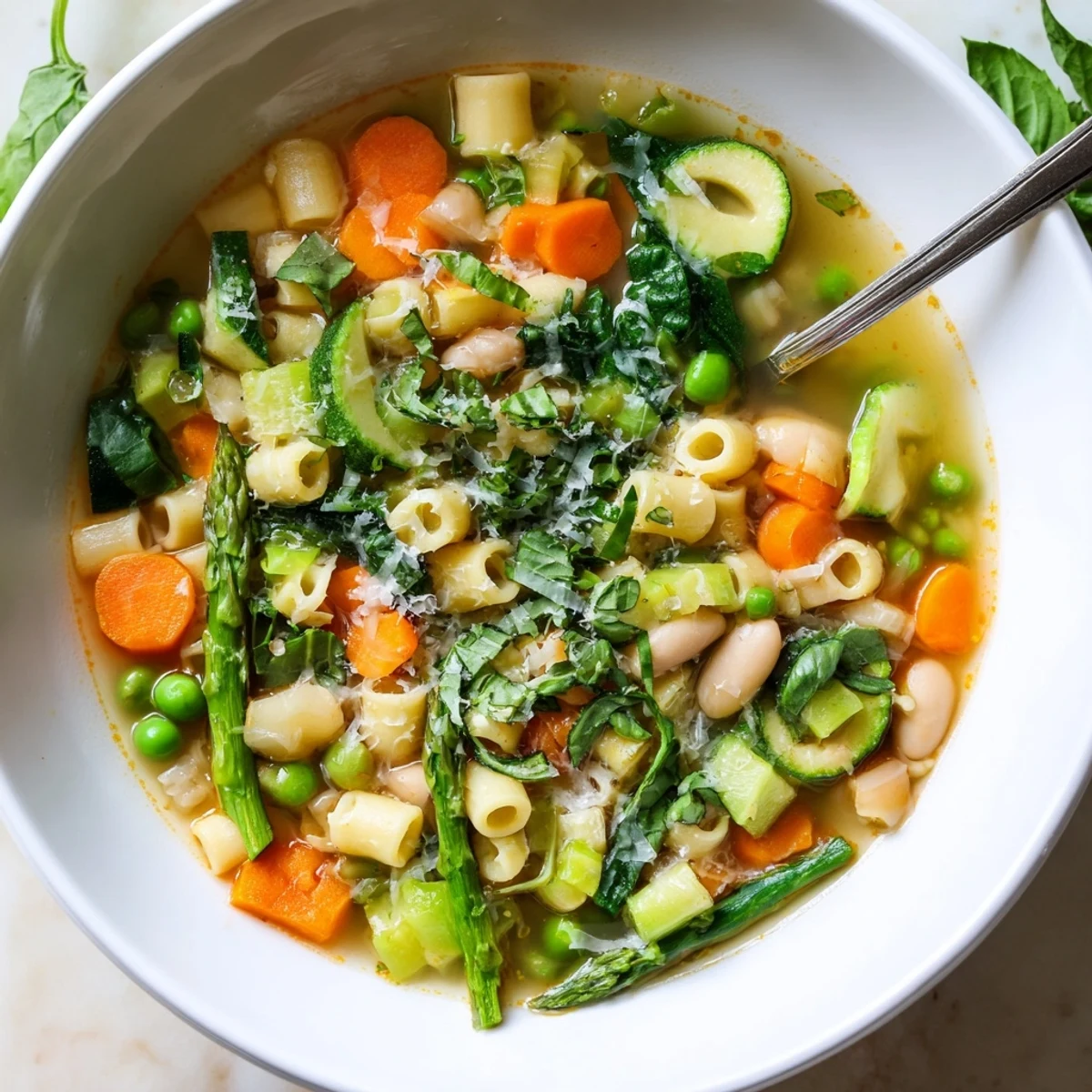 Hearty spring minestrone soup recipe ladled into a rustic bowl with fresh basil on top