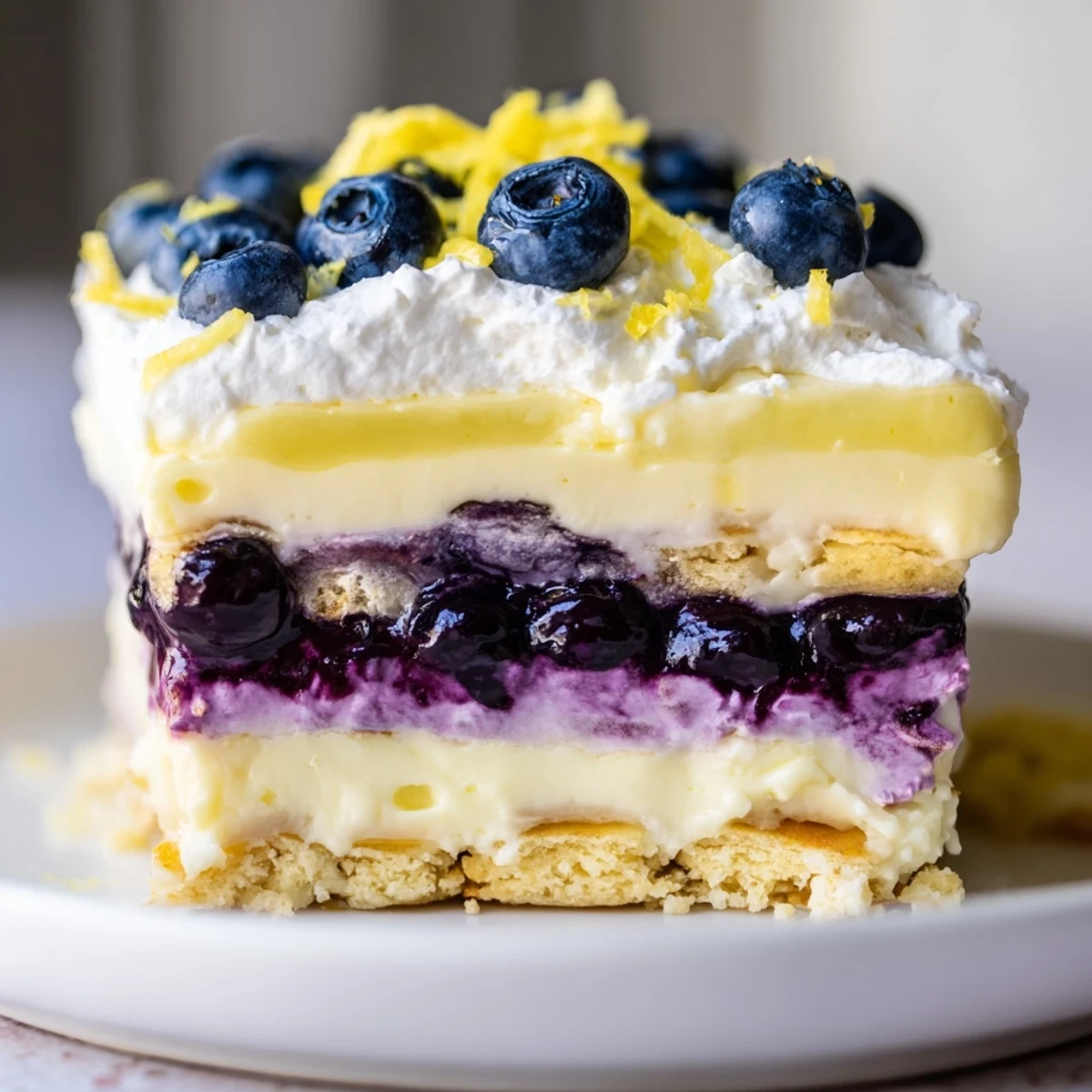 Tall slice of lemon blueberry lasagna showing creamy layers and bursting purple berries